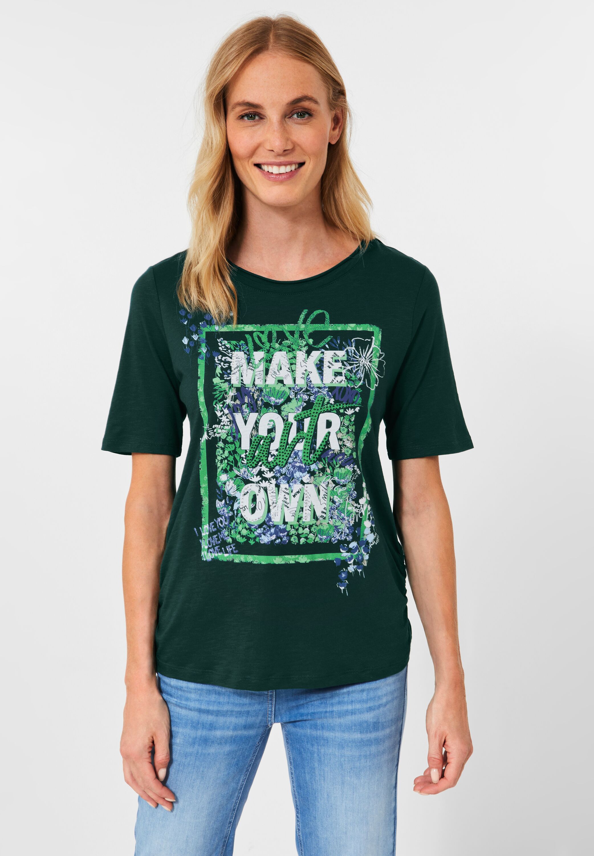 Rundhalsshirt, mit Steinchen-Schriftzug
