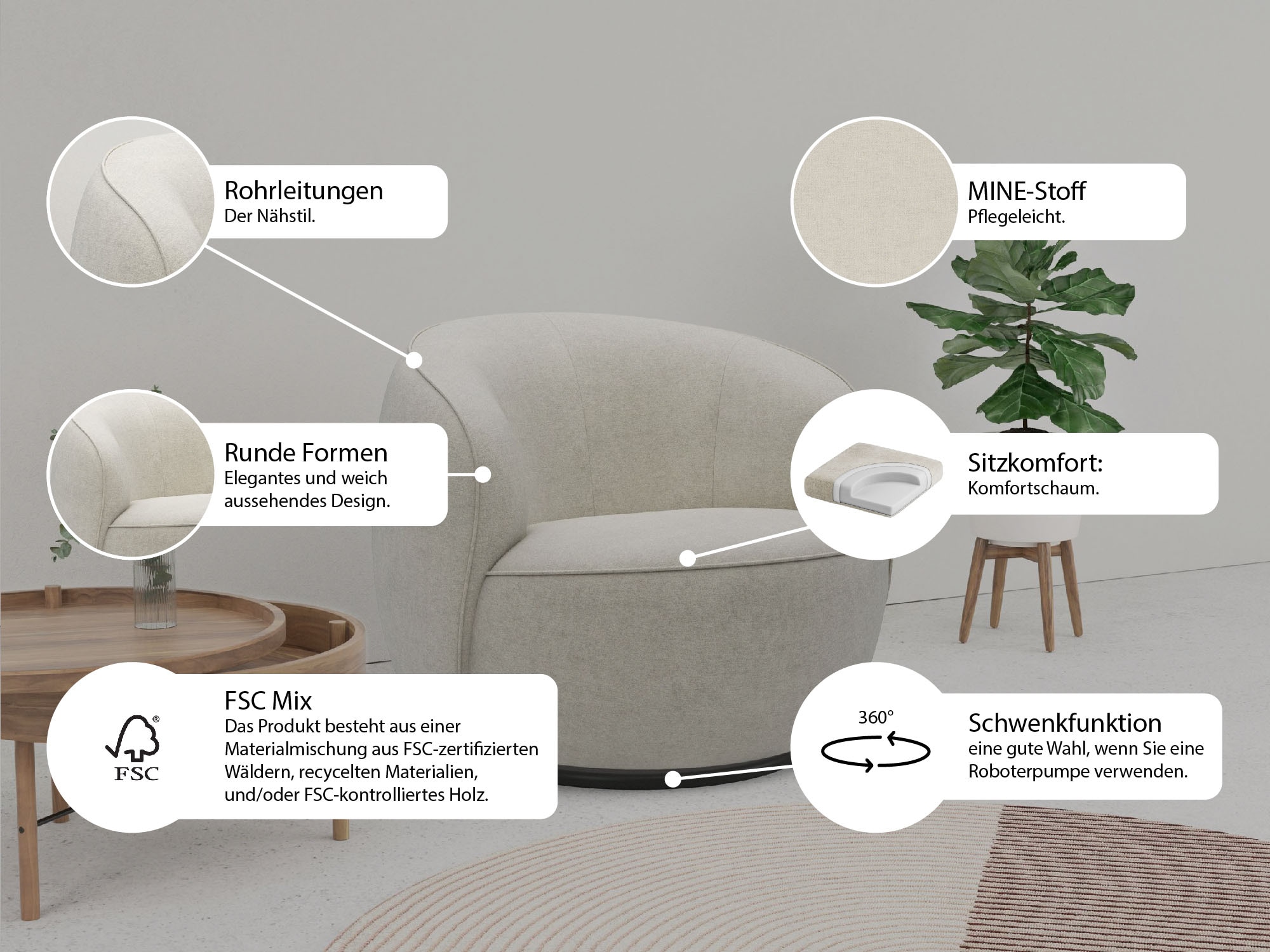 LeGer Home by Lena Gercke Loungesessel »Effie«, mit 360° Drehfunktion, komfortables Sitzen