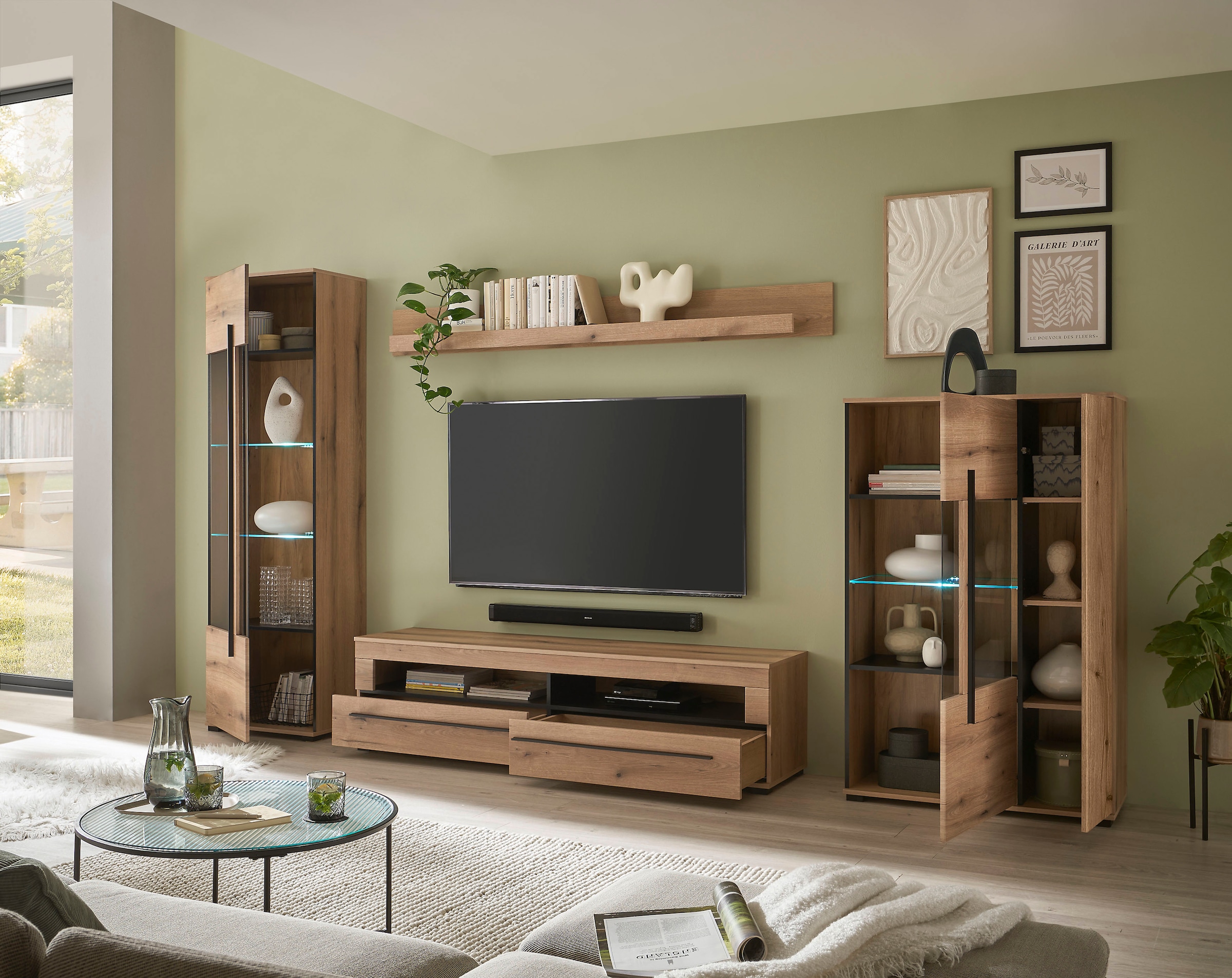 INOSIGN Wohnwand »Cantara, moderne Anbauwand, Wohnzimmer-Set, in Eiche Evoke oder Weiß«, (Set, 4 St.), enthält zwei Vitrinen, ein Lowboard und ein Wandboard
