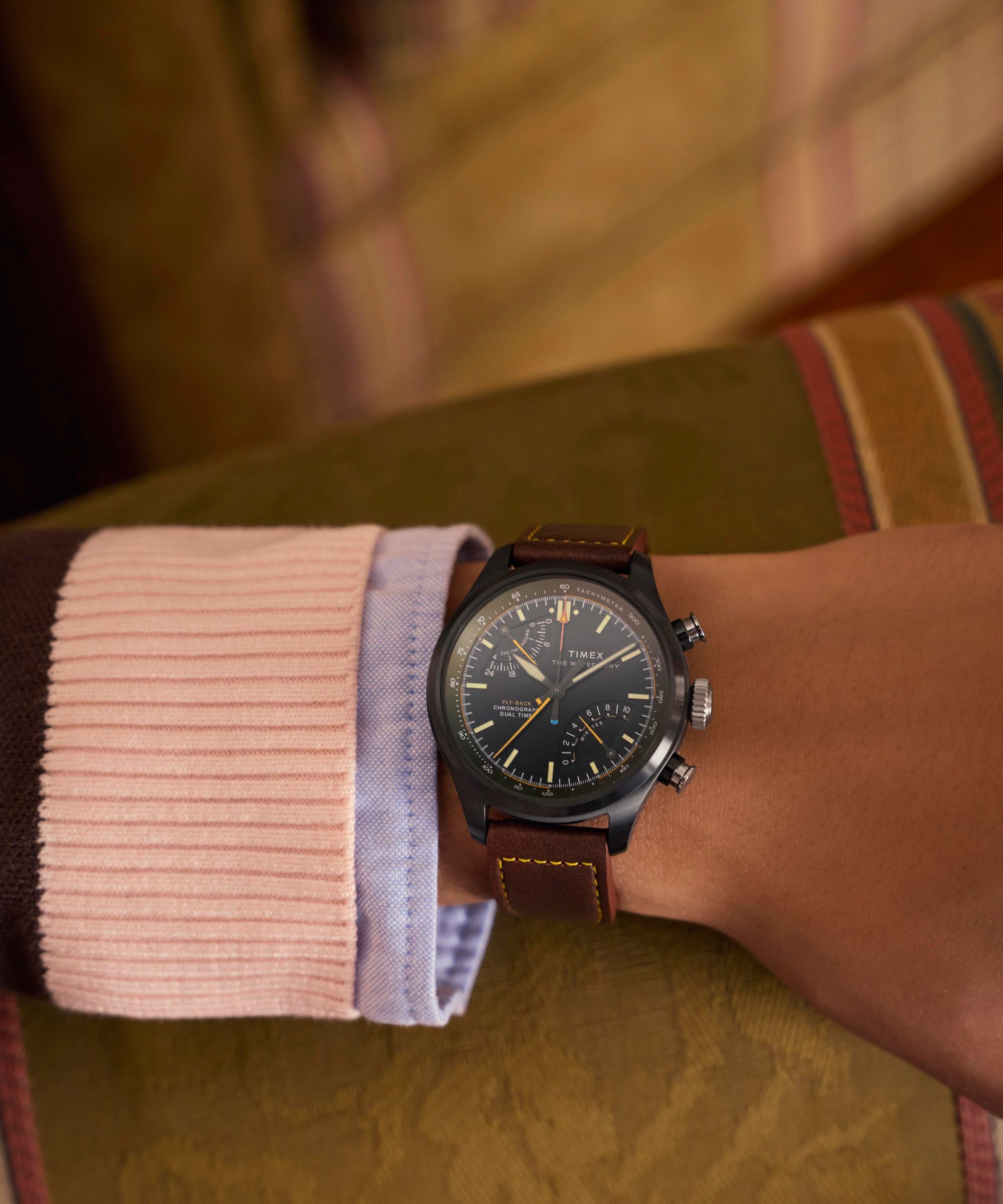 Timex Quarzuhr »Waterbury Ace Fly-Back Chronograph« Armbanduhr, Herrenuhr, Lederarmband, analog, Beleuchtung