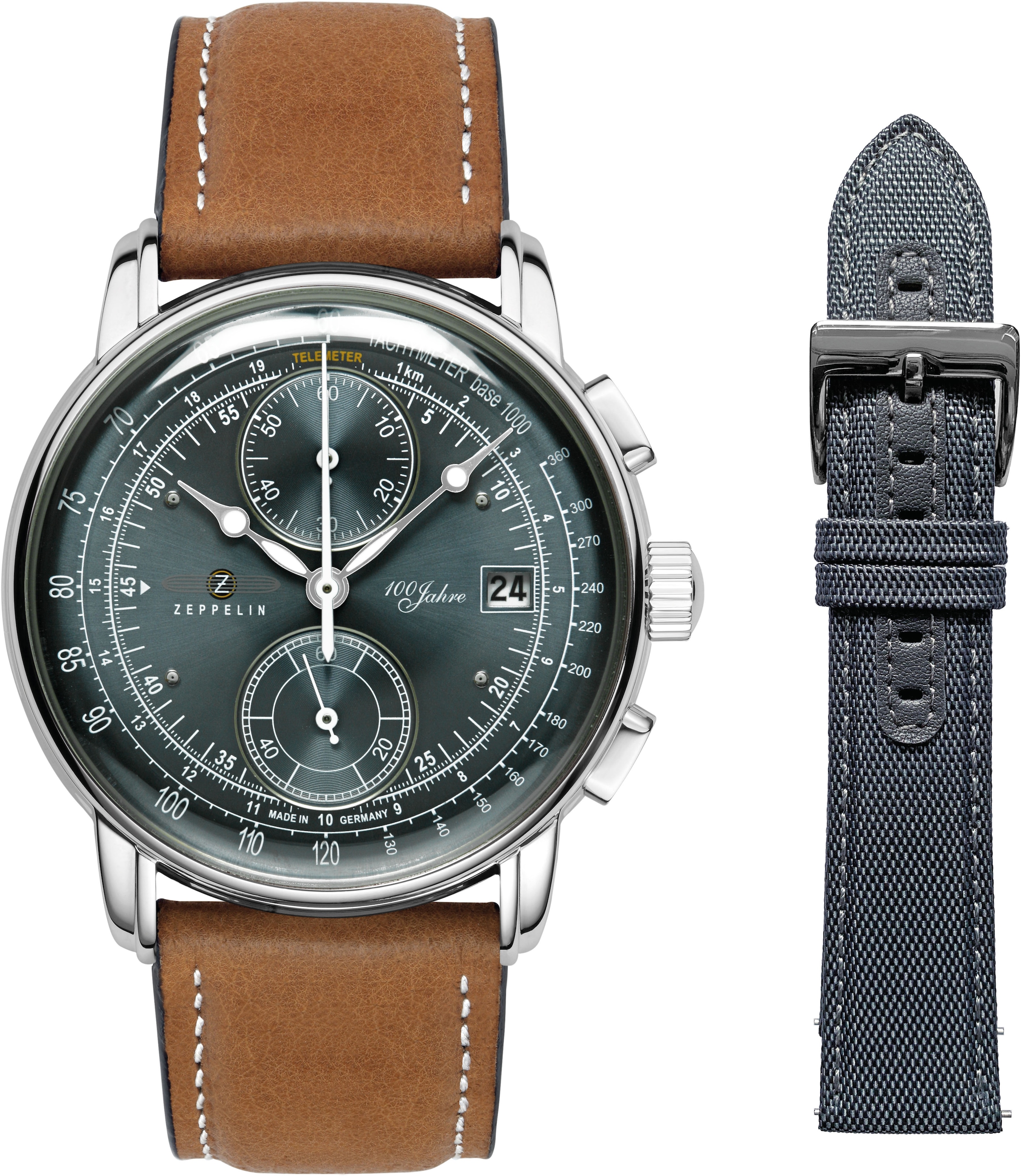 Chronograph »100 Jahre«, (Set, 2 tlg., Uhr mit Wechselarmband aus Leder), Quarzuhr,...