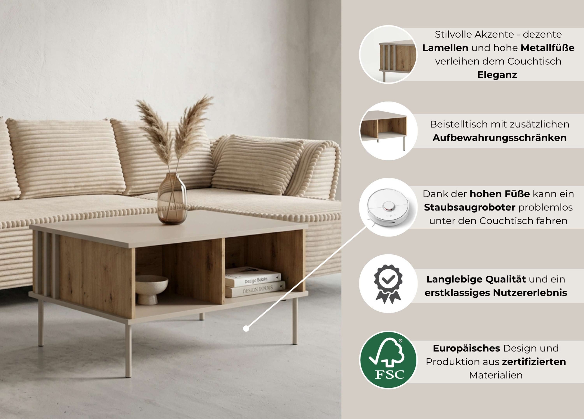 OTTO home Couchtisch »AAELIN Kaffeetisch mit viel Stauraum, modernes Design« Beistelltisch mit zusätzlichen Aufbewahrungsschränken