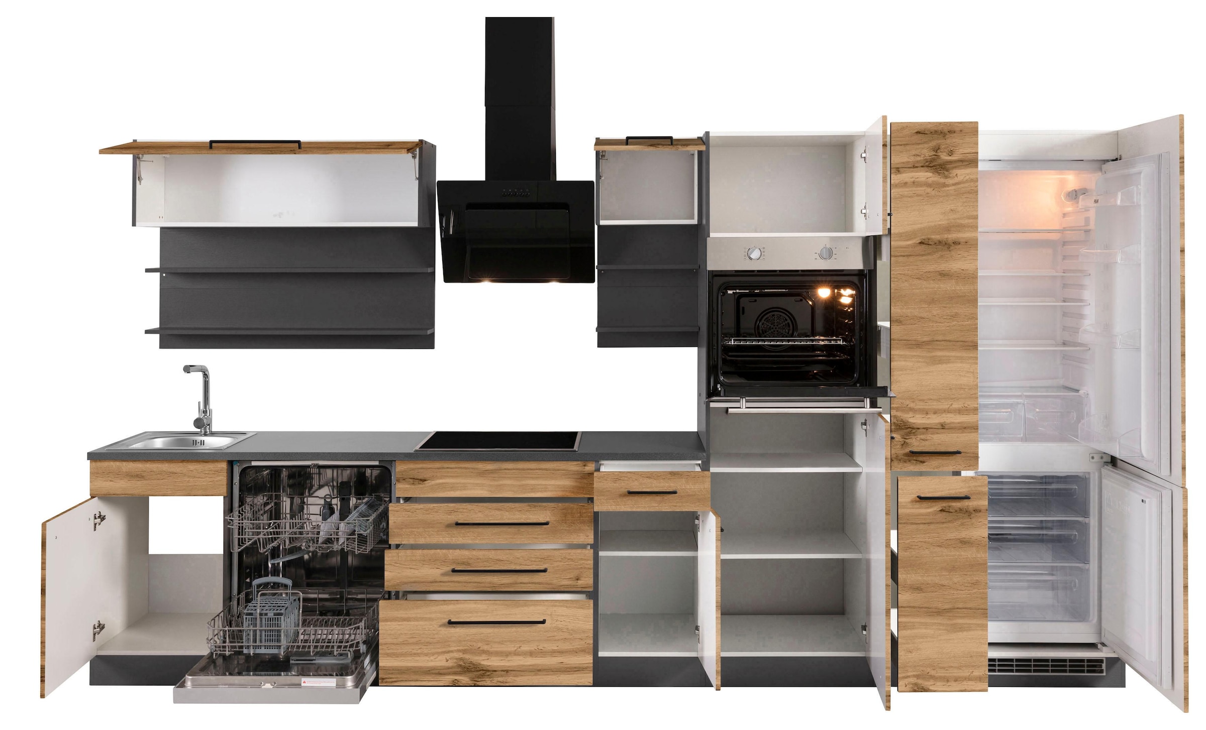 KOCHSTATION Küchenzeile »KS-Tulsa«, mit E-Geräten, Breite 360 cm, schwarze Metallgriffe, MDF Fronten