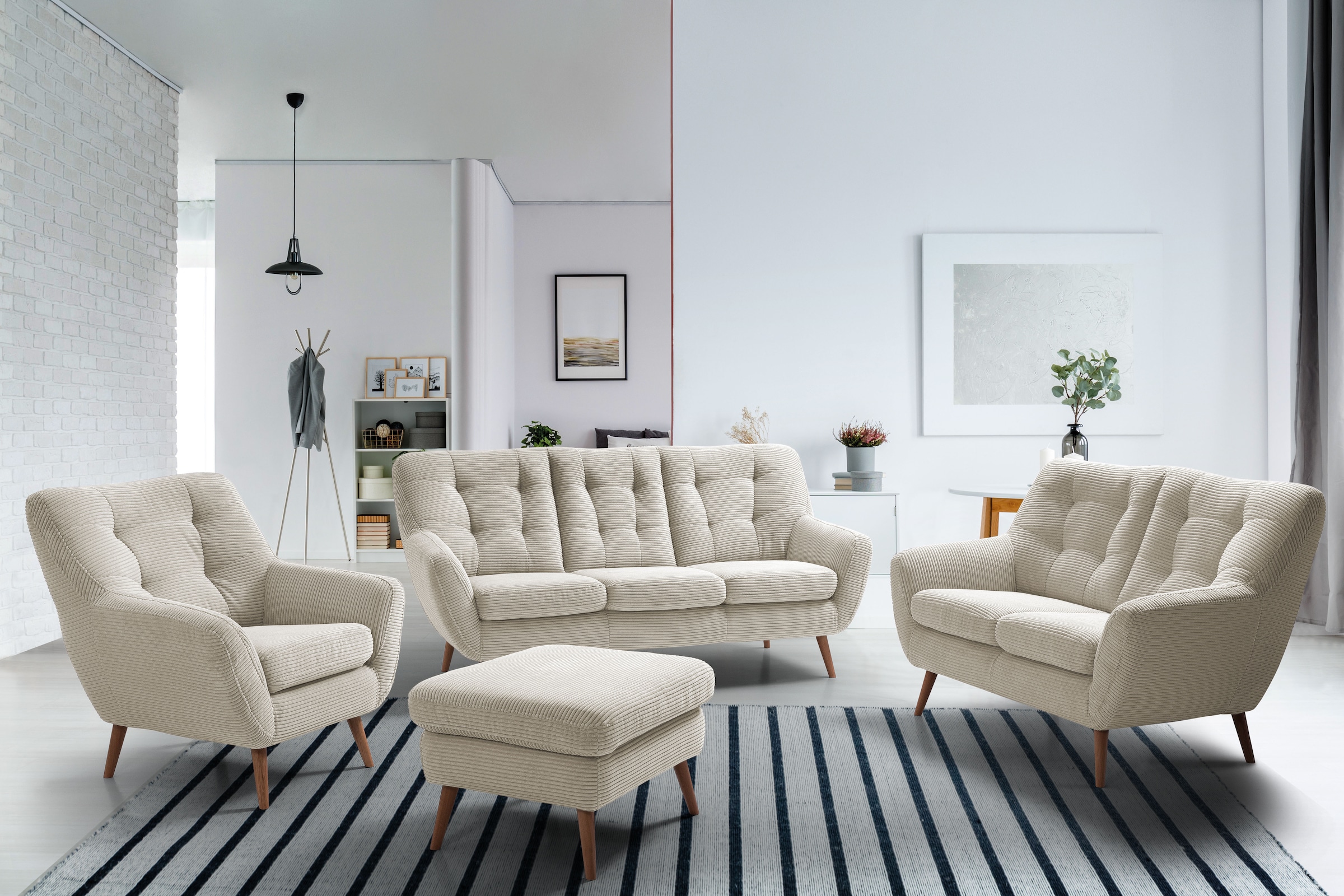 exxpo - sofa fashion 3-Sitzer »Scandi, bequem, aufwendige Rückenpolsterung für mehr Sitzkomfort«, aktuelle Farben in hochwertigen Bezugsqualitäten, Holzfuß