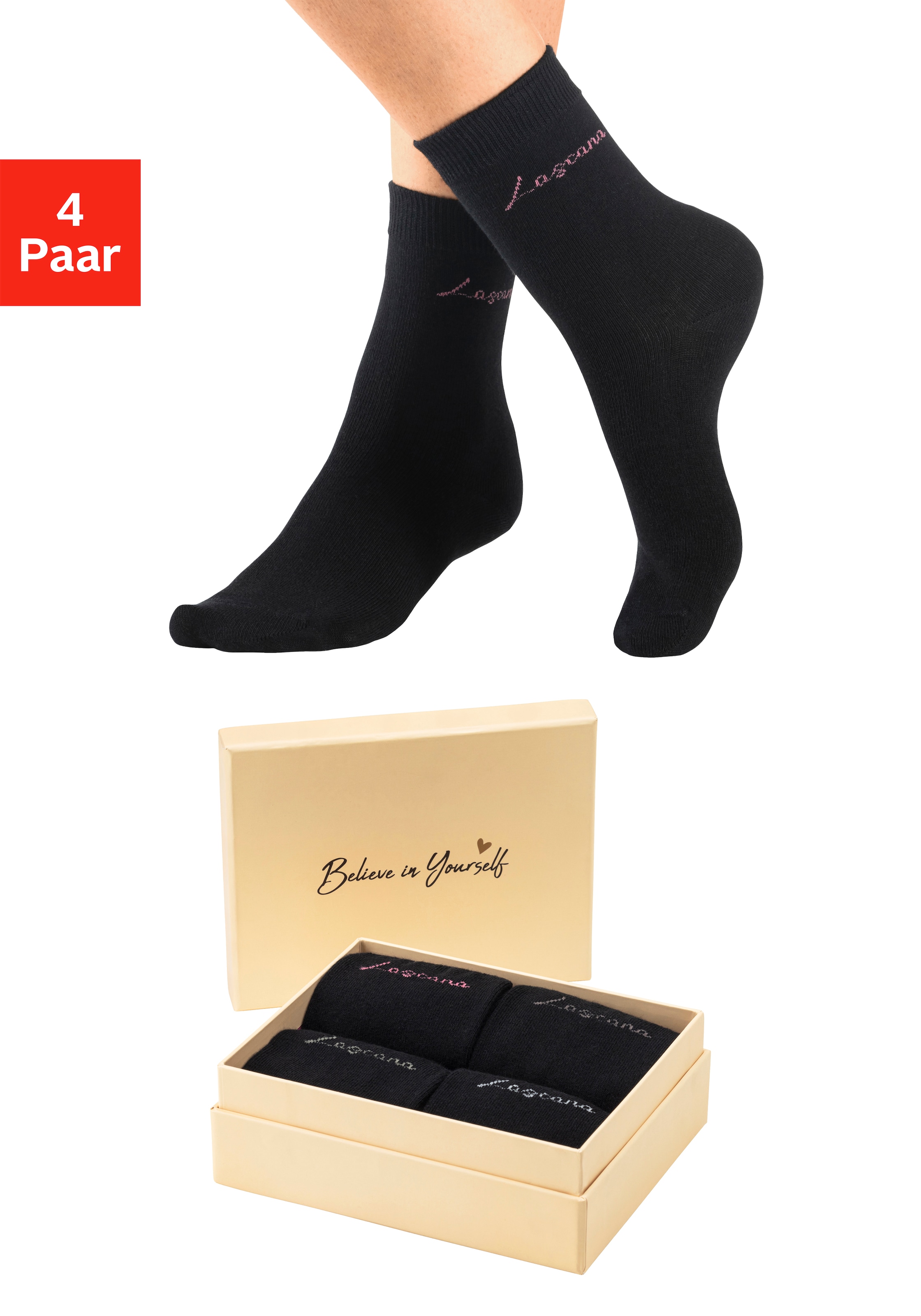 LASCANA Basicsocken "Believe in Yourself", (Box, 4 Paar), in ansprechender Geschenkbox