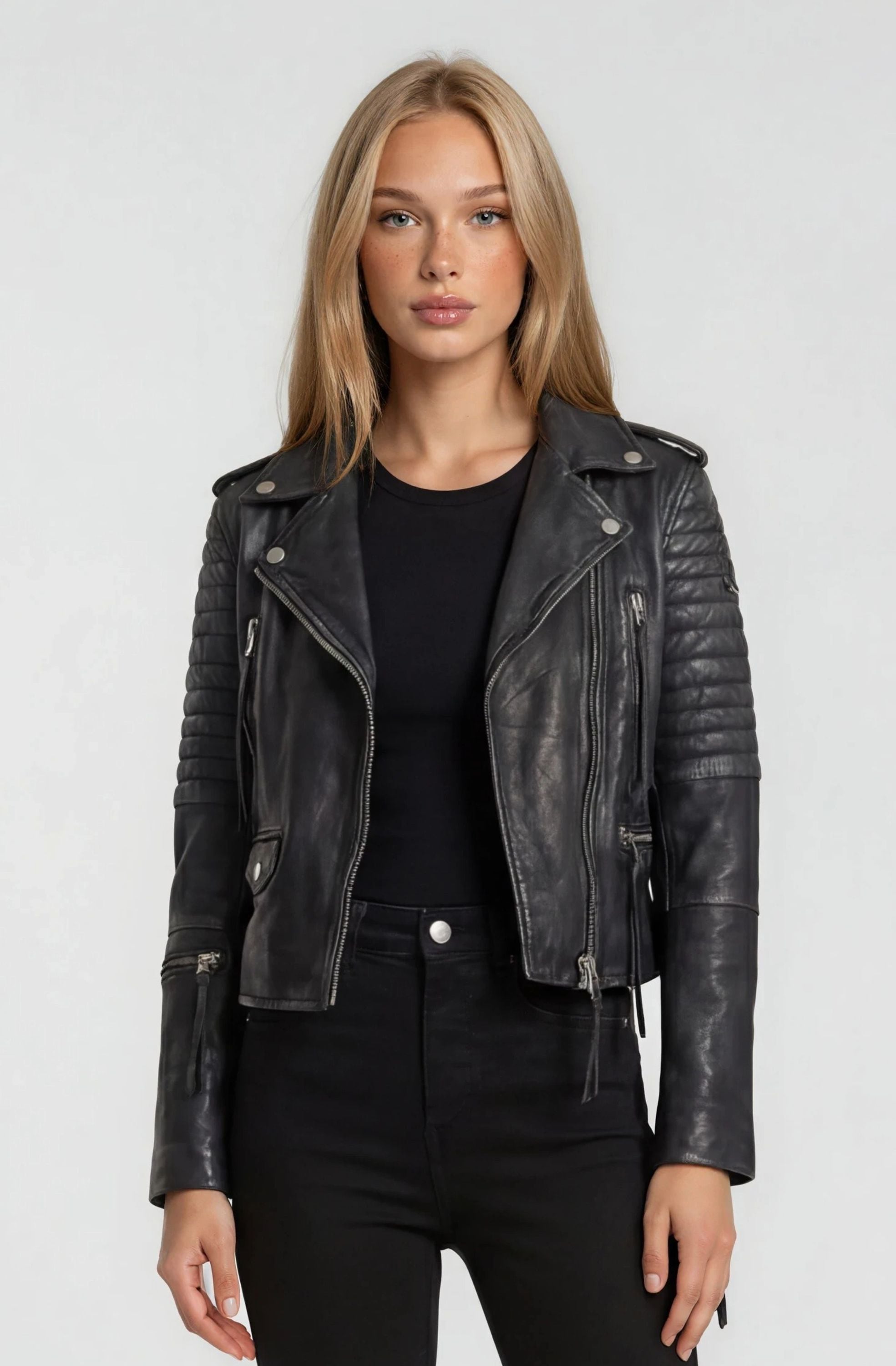 trueprodigy Lederjacke "Avril mit Waschung und Reißverschluss Details" ohne Kapuze