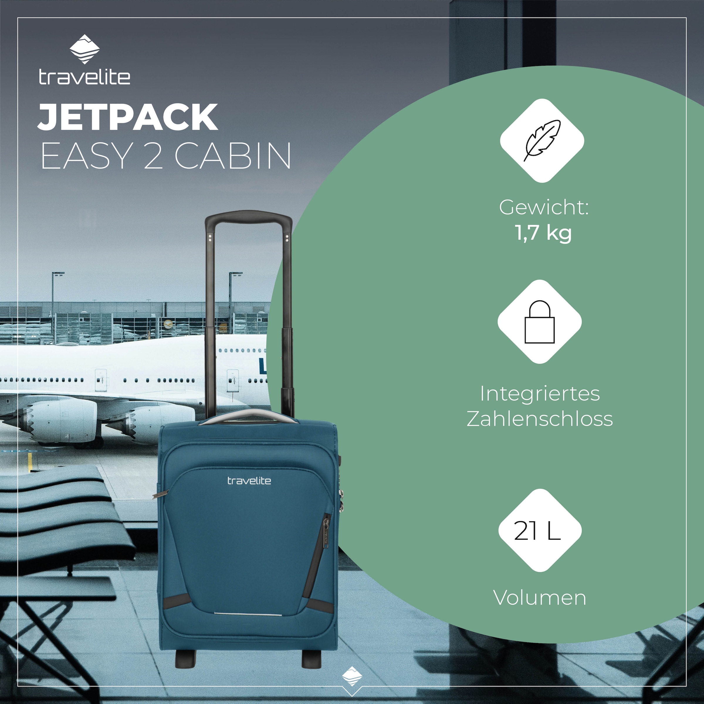travelite Handgepäck-Trolley »JETPACK Easy 2 Cabin, konzipiert für EasyJet, Vueling & Wizz«, 4 Rollen, Weichgepäck-Koffer Handgepäck für die meisten gängigen Airlines