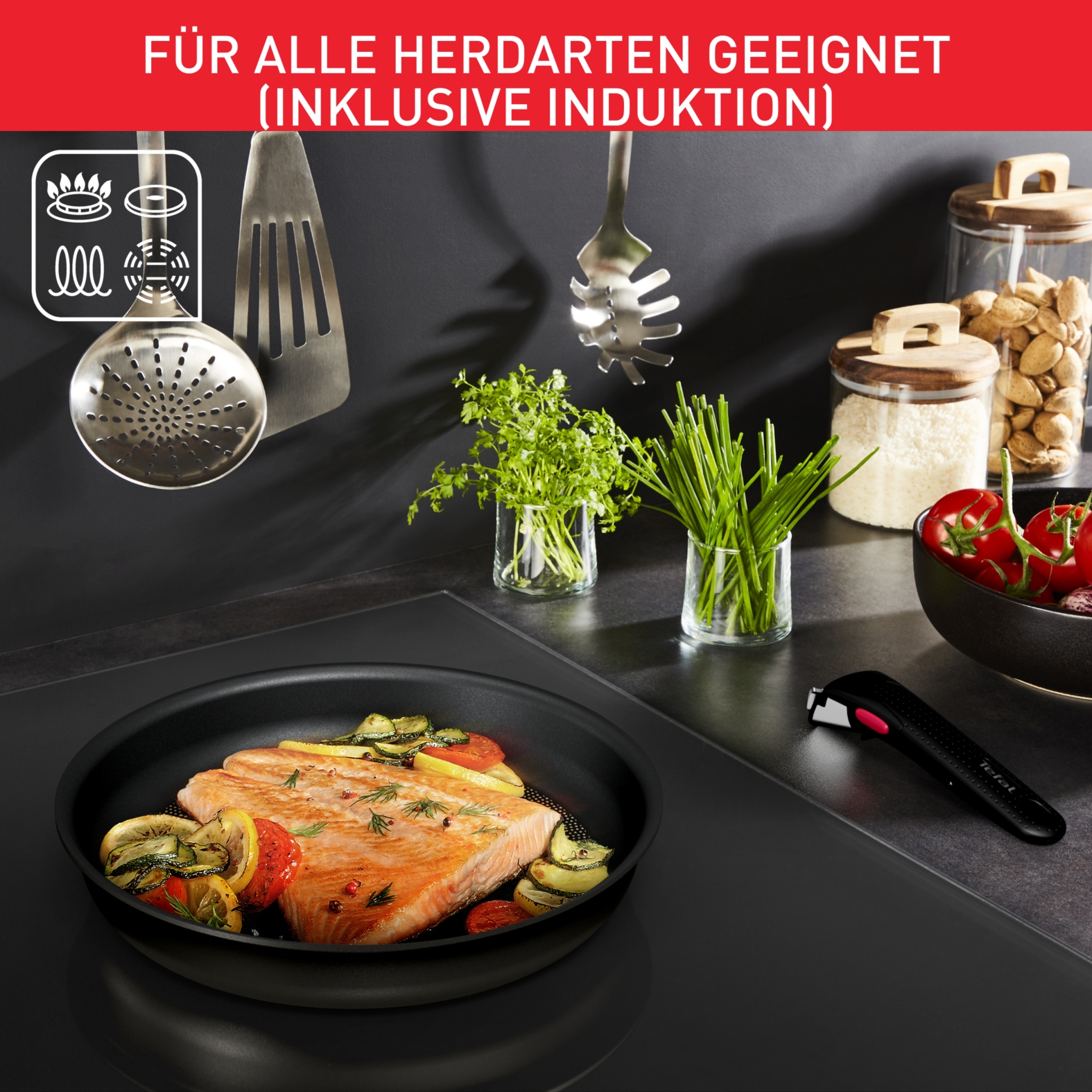Tefal Topf-Set »L76491 Ingenio Ultimate, Topfset Induktion, Antihaftversiegelung«, Aluminium, (Set, 10 tlg., Stielkasserolle 16/20 cm, Schmorkasserolle 24 cm, Bratpfanne 24/28 cm), für alle Herdarten geeignet, Thermo-Signal bei idealer Brattemperatur