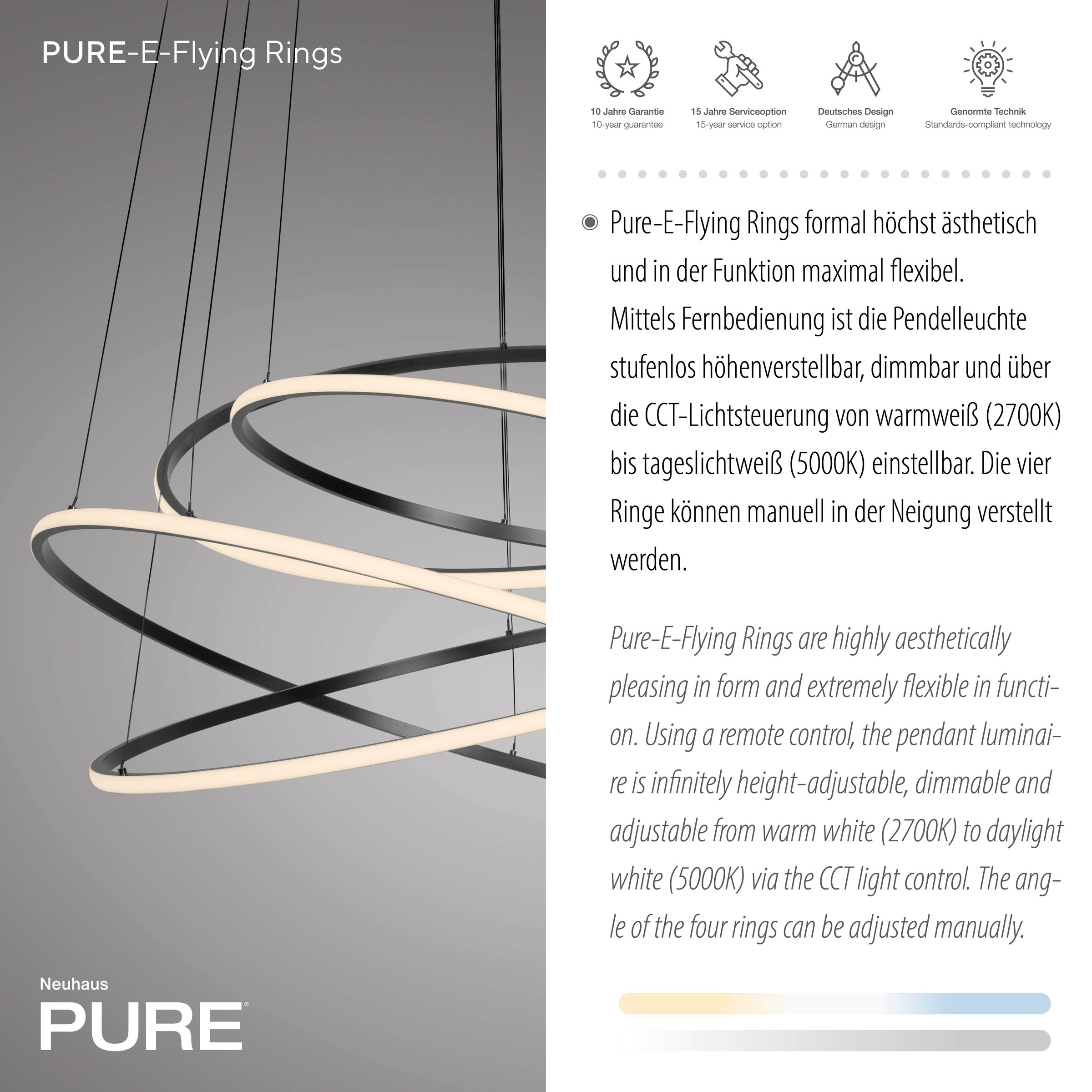 Neuhaus PURE LED Pendelleuchte »PURE E-Flying Rings« LED-Board 1 Stk. warmweiß - kaltweiß e-LIFT® Funktion, CCT, dimmbar über Fernbedienung