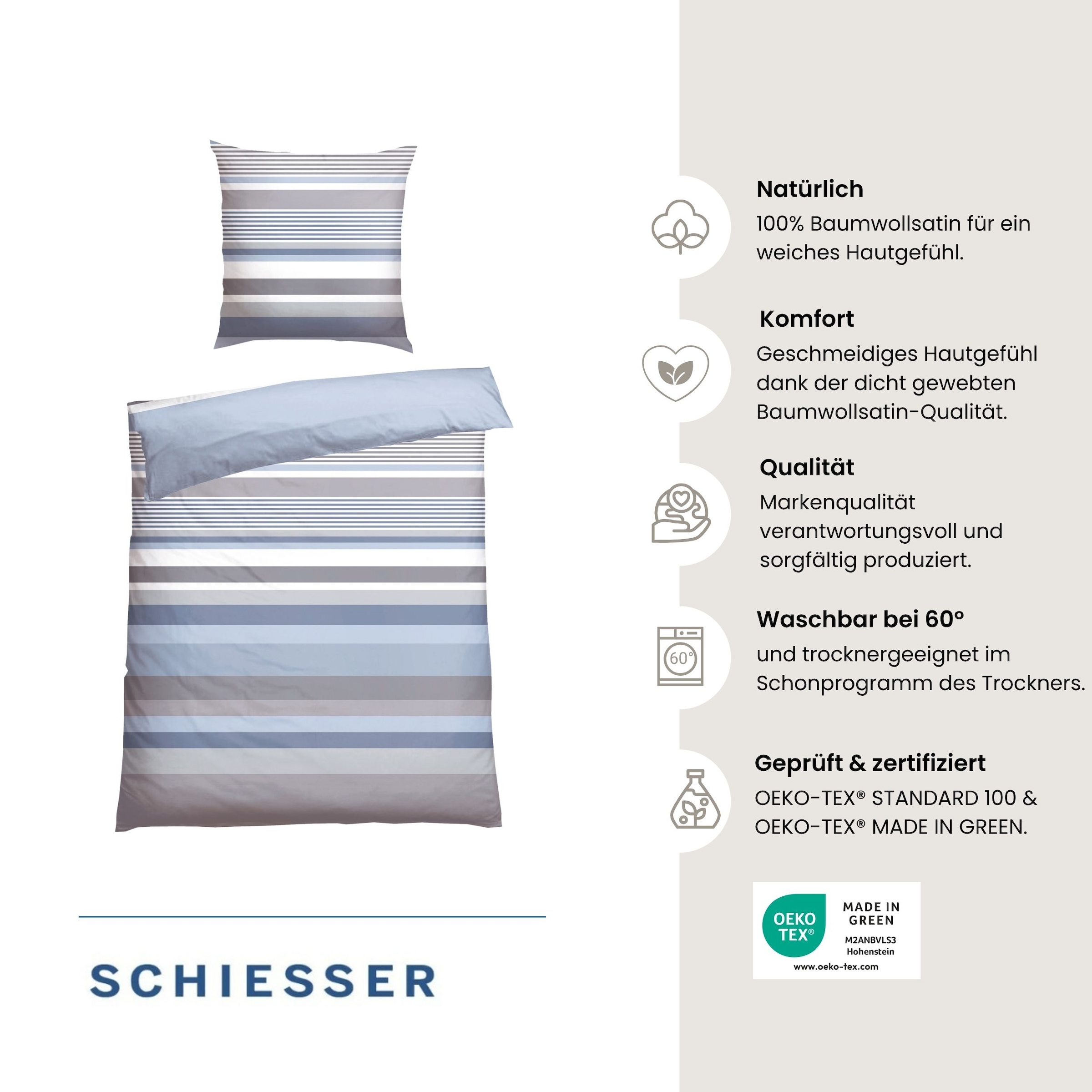 Schiesser Bettwäsche »Hoops aus weichem Baumwoll-Satin mit Streifen-Design« 2 tlg. OEKO-TEX® MADE IN GREEN