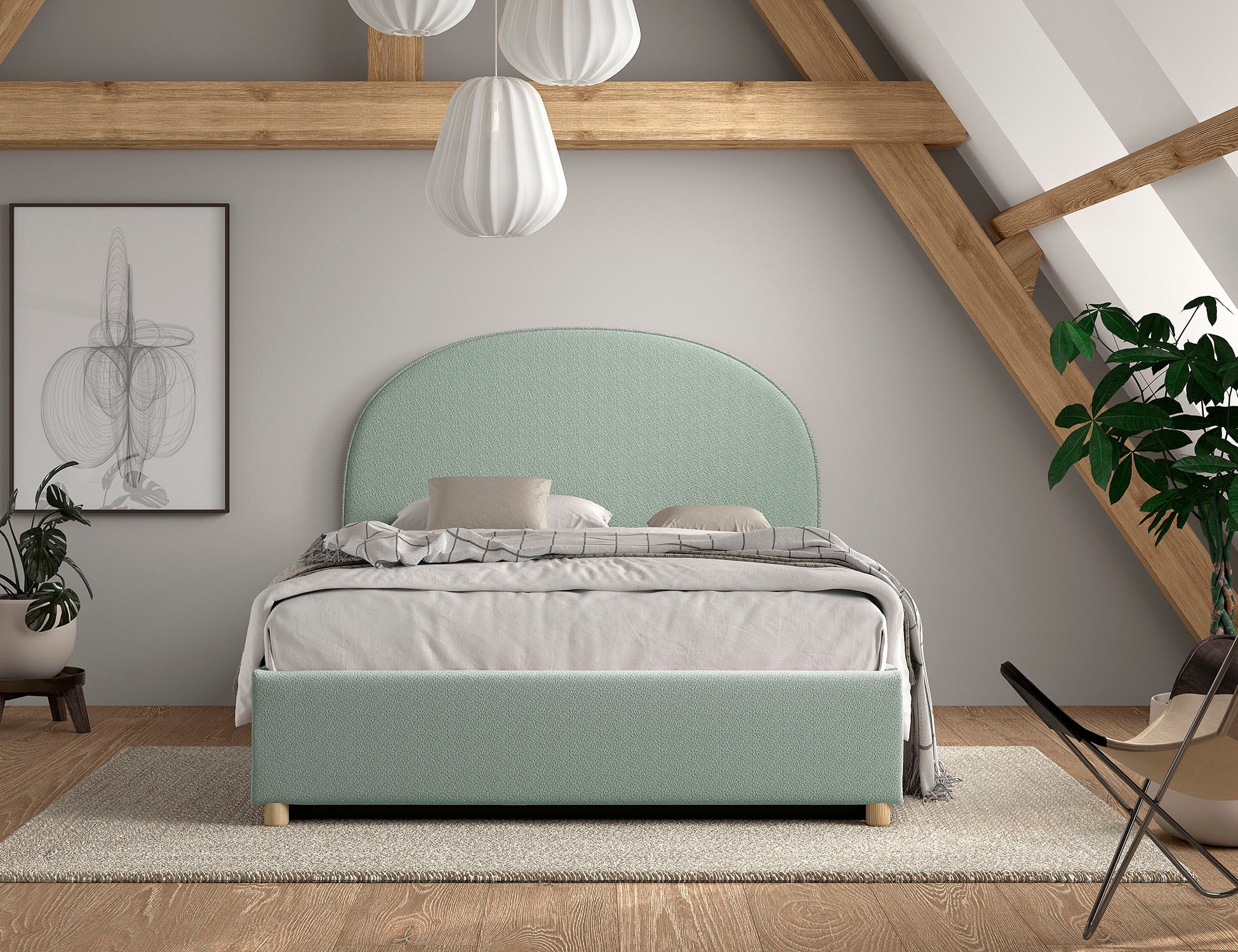 Vipack Boxbett »Moon, mit Lattenrost und Stauraum, modernes Design«, (gerundetes Kopfteil und in 2 Breiten erhältlich), inkl. Massivholz Füßen in natur, 3 Stoff Farben zur Auswahl