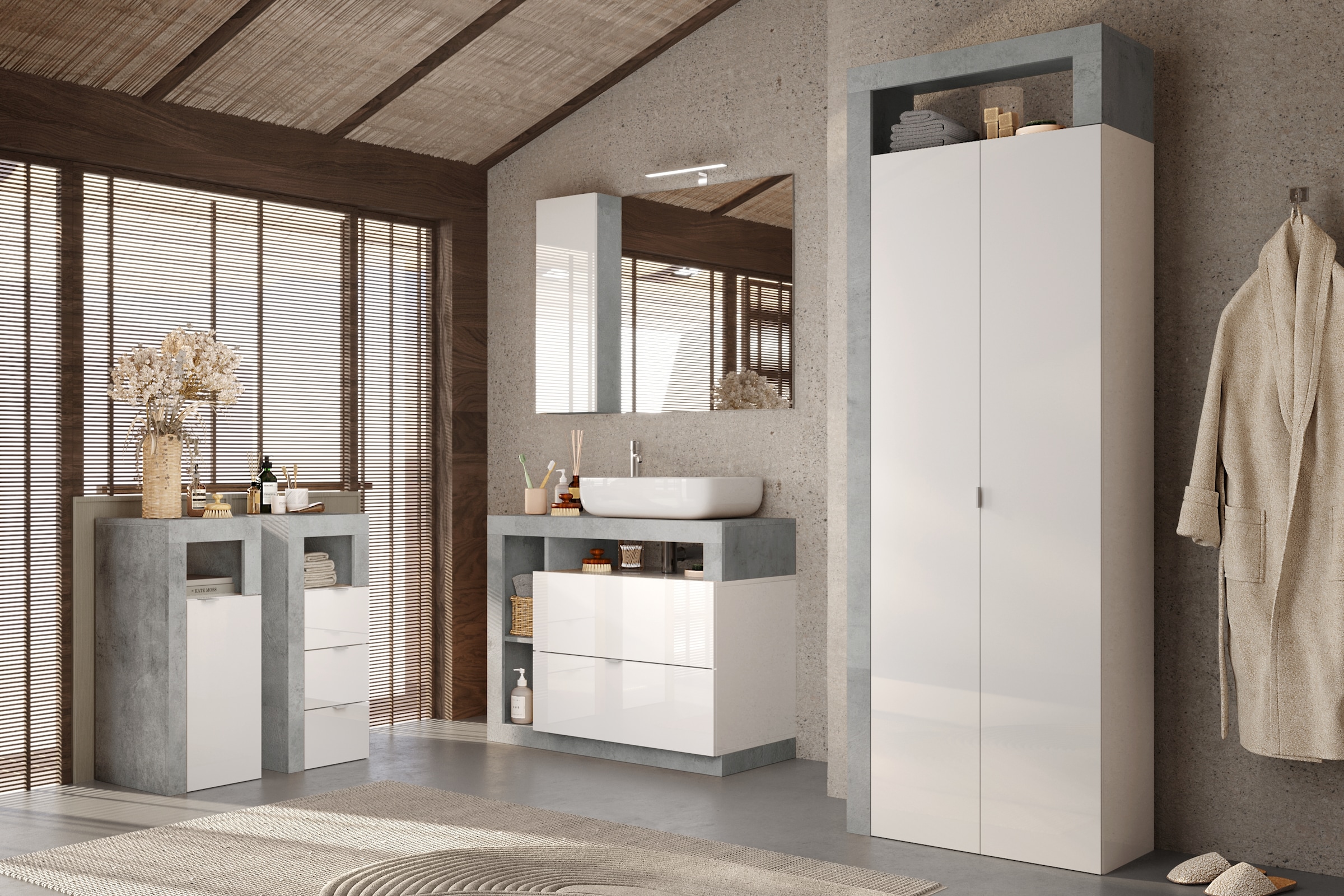 welltime Hochschrank »Hamburg Höhe 195 cm, Breite 64 cm, Badezimmerschrank mit 2 Türen,«, dekorativer Rahmen, offenes Fach, Metallgriff, viel Stauraum