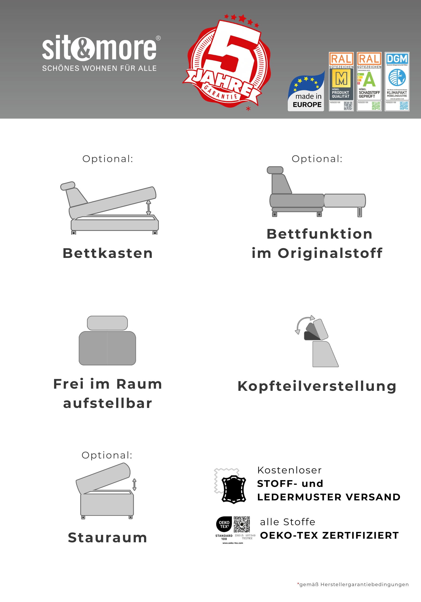 sit&more Wohnlandschaft »Cabrio U-Form, B: 359 cm, mit Sitztiefen-, Arm- & Kopfteilverstellung« 3 Nierenkissen, Federkern, optional Schlaffunktion und Stauraum