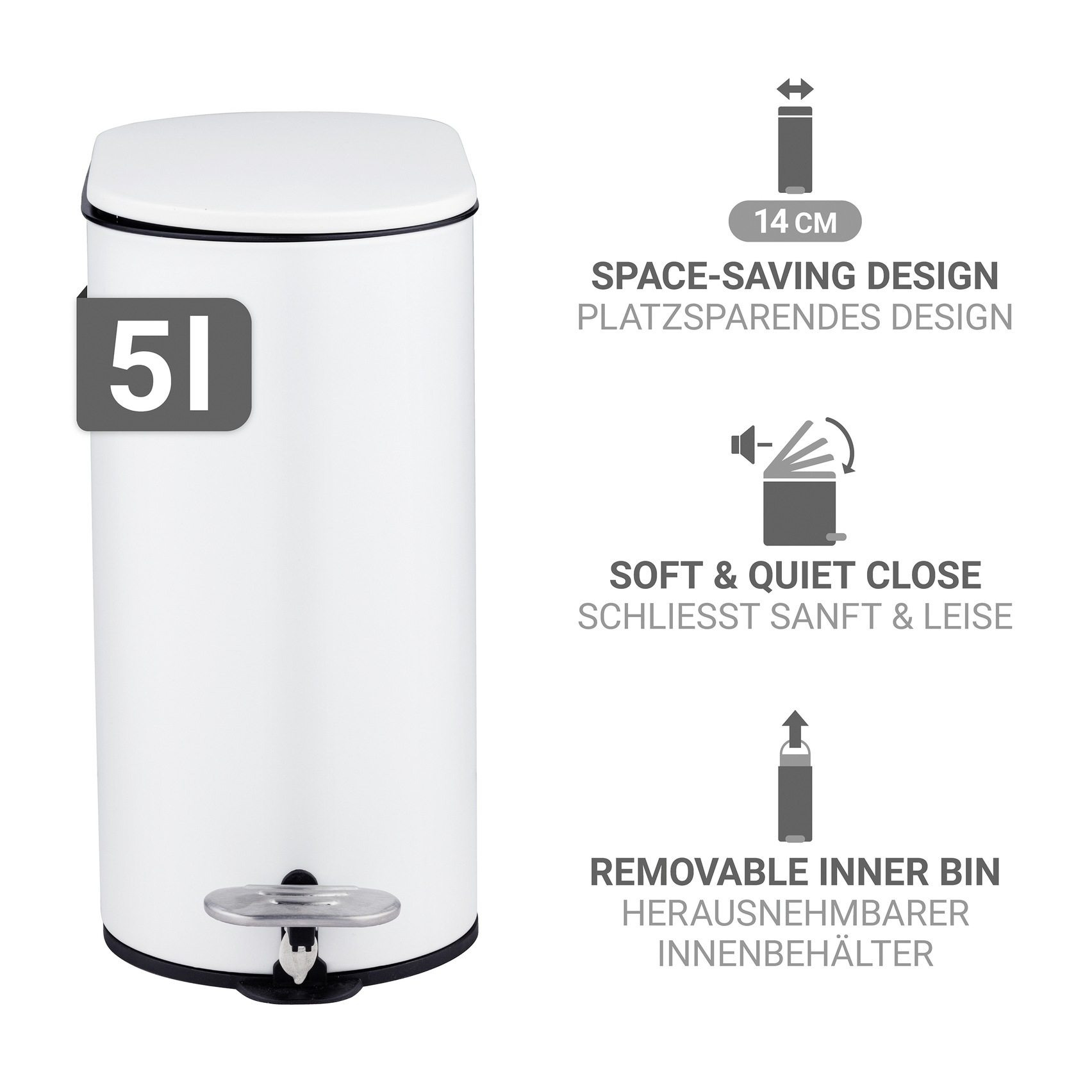 Thumbnail - WENKO Kosmetikeimer "Collungo" 1 Behälter mit Easy-Close-Mechanik fürs Bad, Inneneimer: 5 L