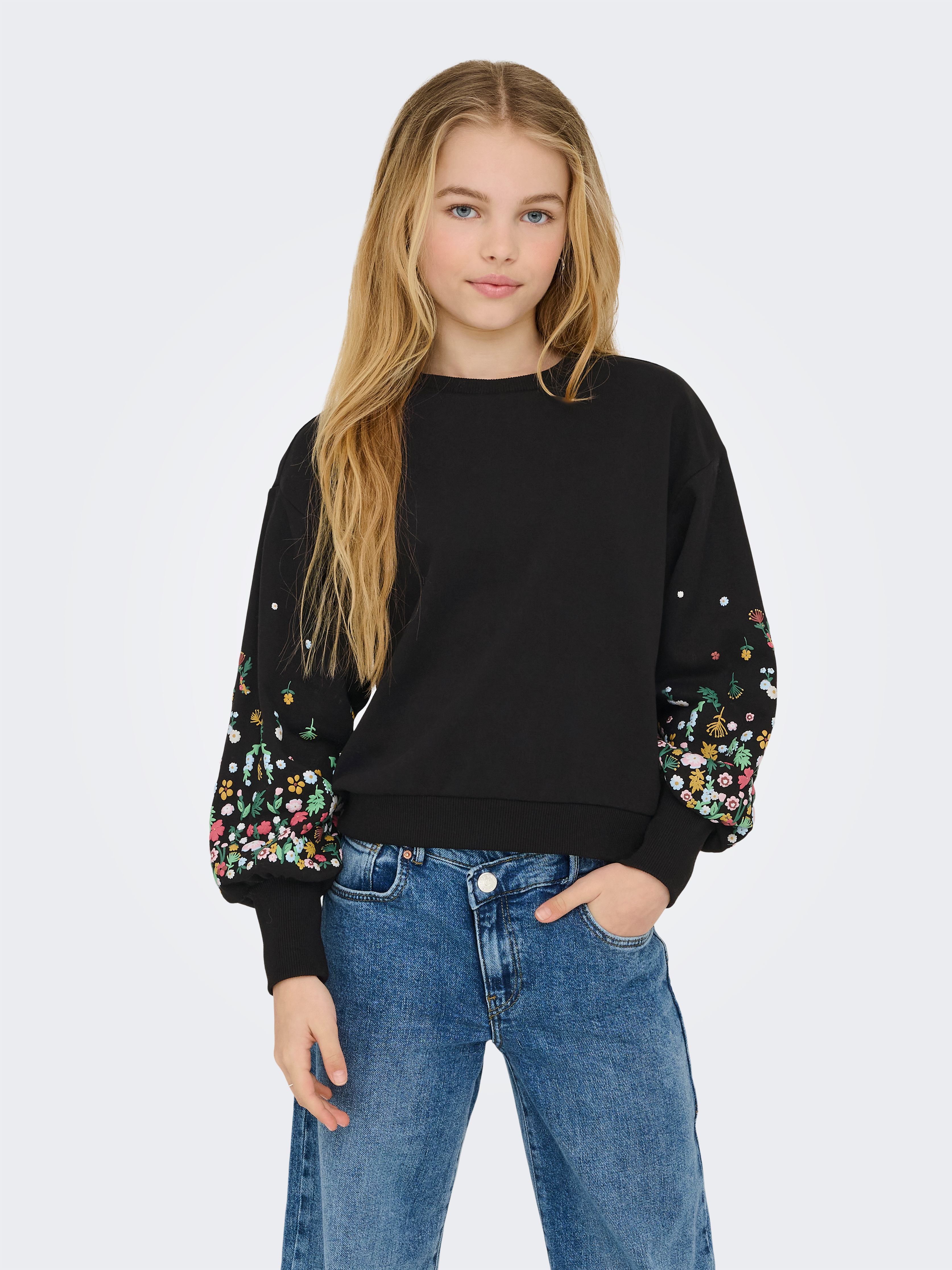 KIDS ONLY Sweatshirt "KOGBROOKE L/S O-NECK FLOWER SWT NOOS", Baumwollmischung, regular fit
