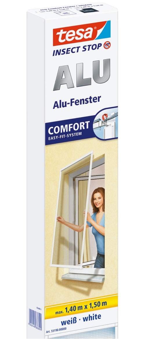 tesa "Insect Stop ALU Comfort Fliegengitter für Fenster - 1.4 m : 1.5 m" Packung, Fliegennetz, Aluminiumrahmen, 1 Stk. tlg. Insektenschutz für