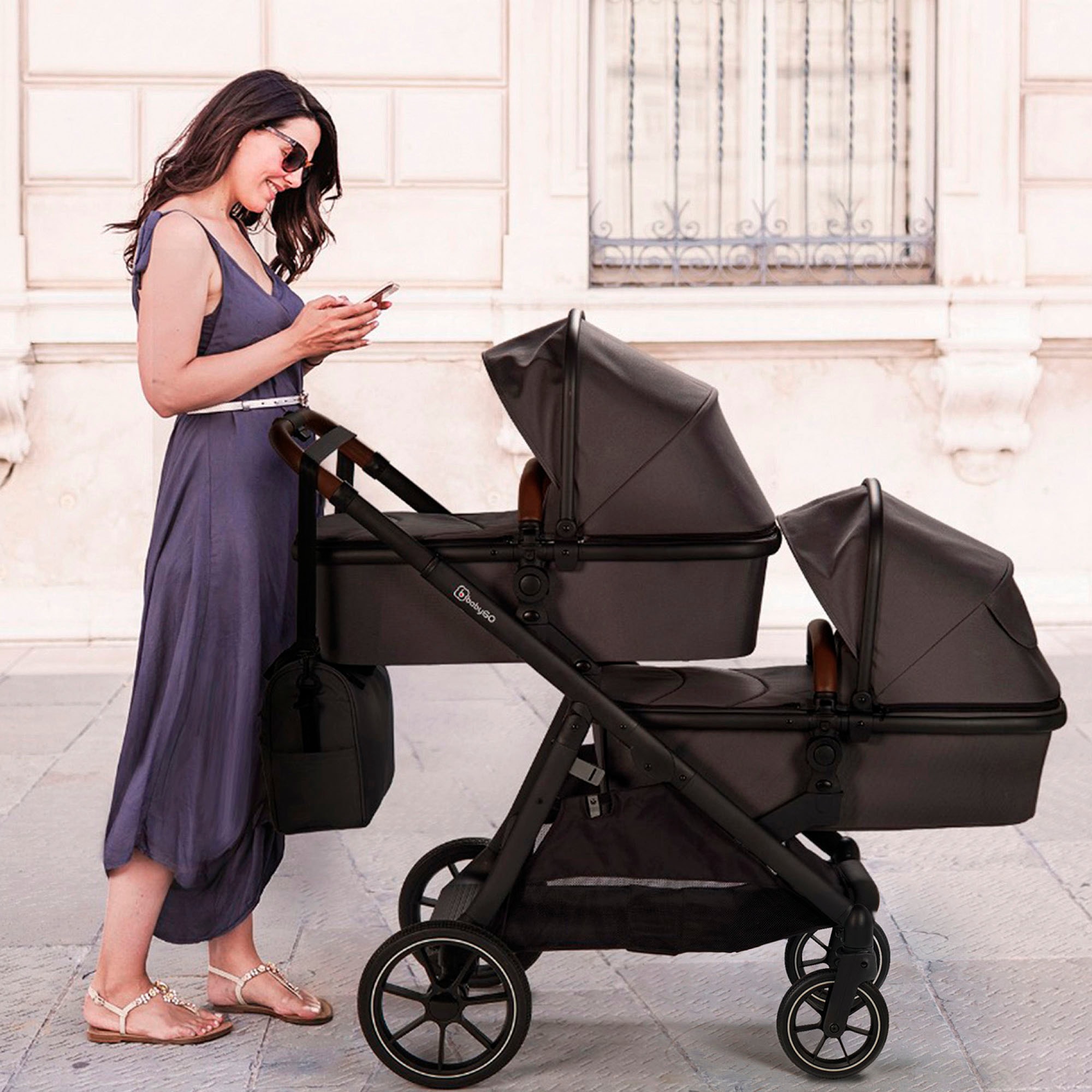 BabyGo Zwillingswagen »Duo«, inklusive Babywannen, Babyschalen, Regebezüge & Wickeltasche