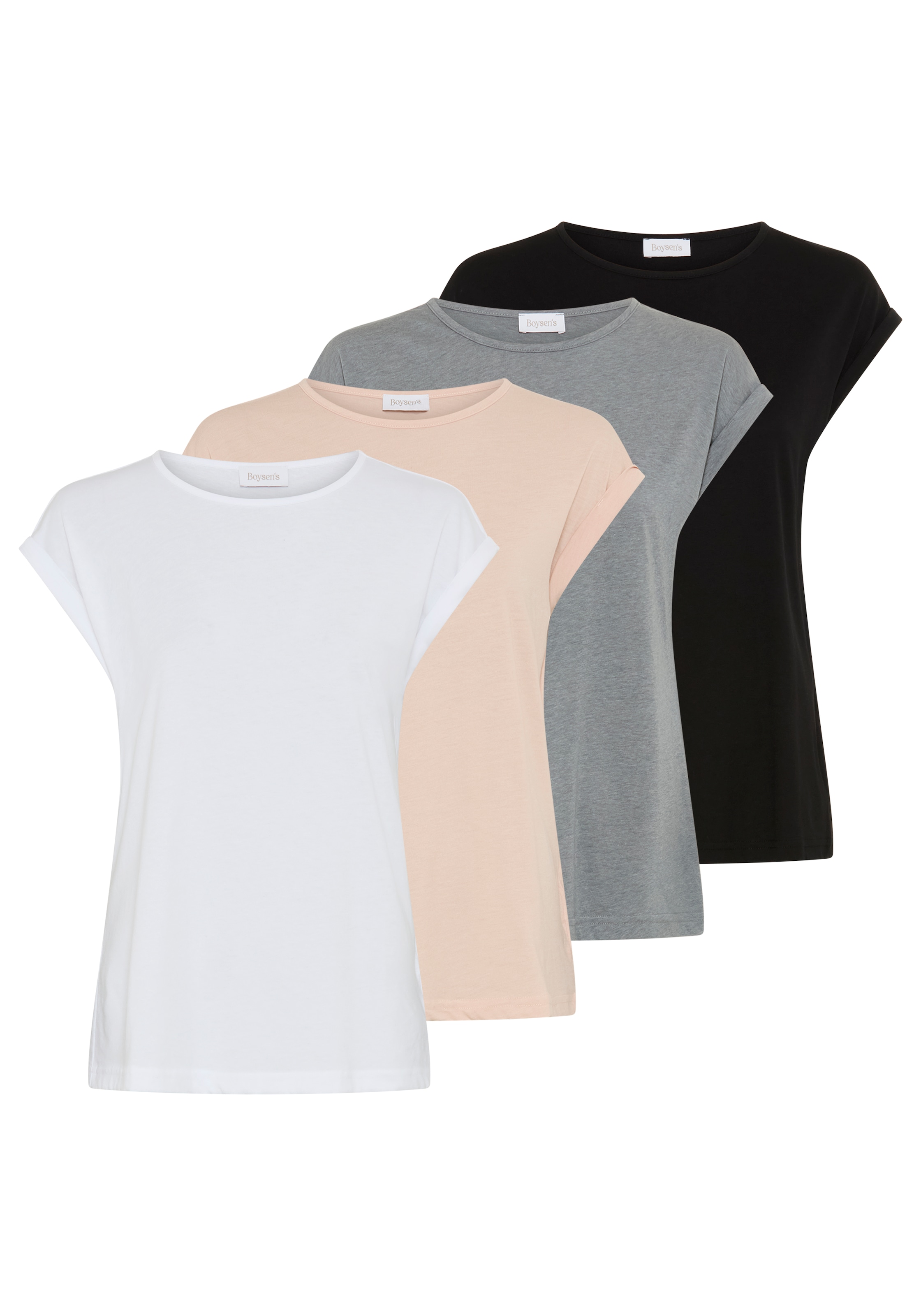 Boysens T-Shirt "im Basic-Stil, weicher Baumwoll-Jersey, viele Farben und Größen" Packung, 4er-Pack, figurumspielende Passform, Rundhalsausschnitt