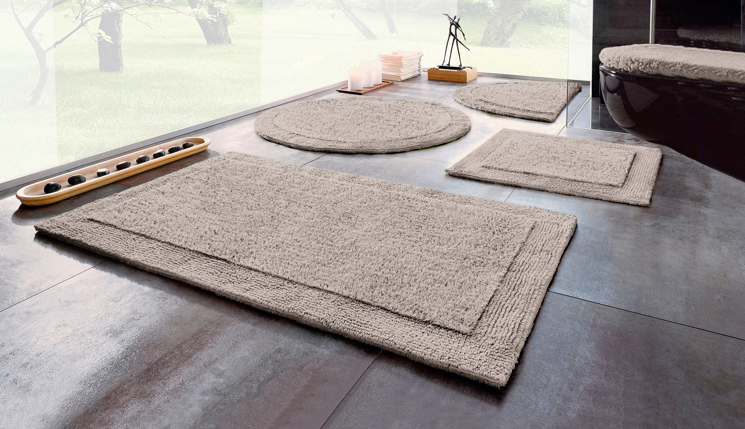 OTTO home Badematte "Kapra, Badvorleger, Badezimmer Teppich" Höhe 14 mm beidseitig nutzbar fußbodenheizungsgeeignet strapazierfähig mit Bordüre, Badteppich, Badematte, Baumwolle