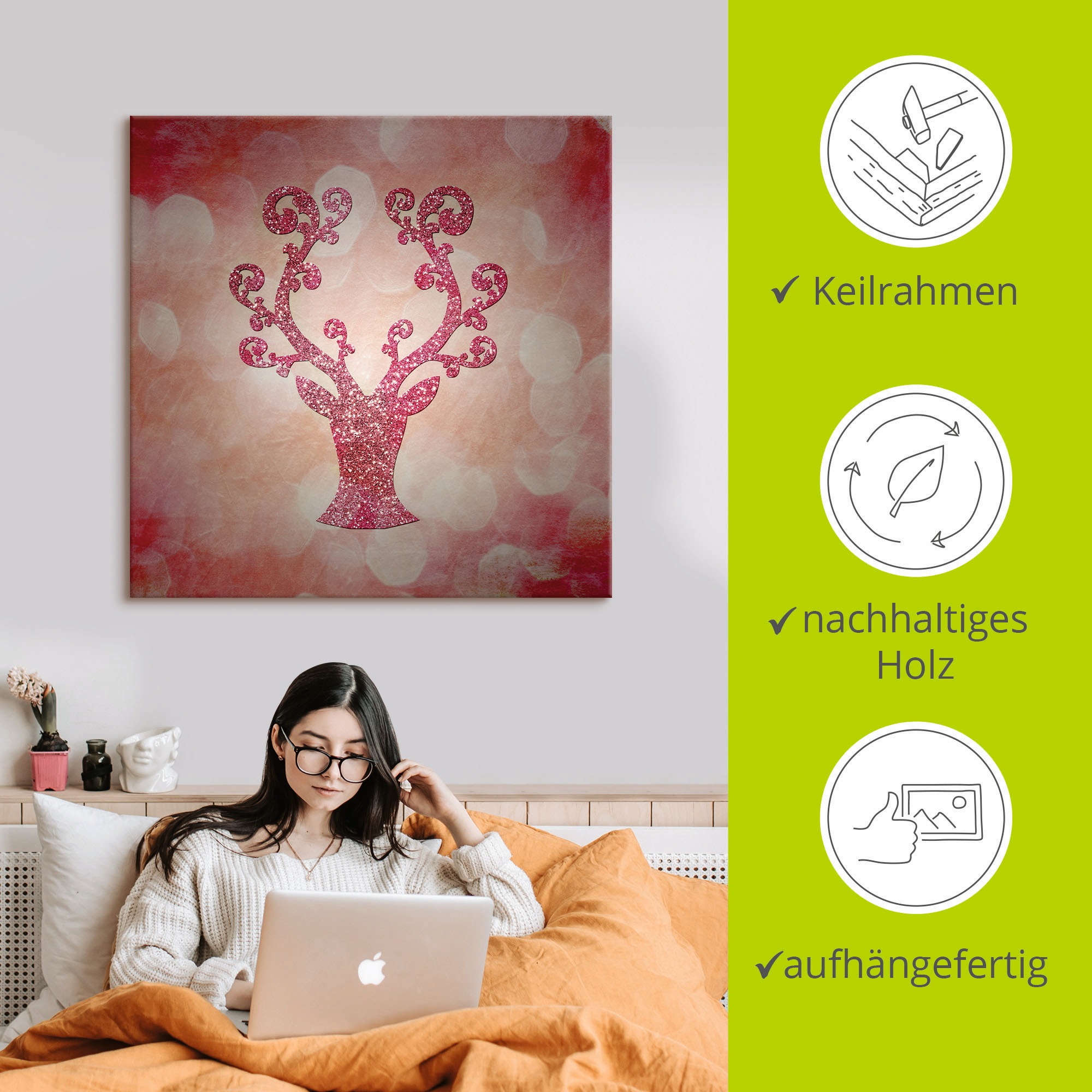 Artland Wandbild »Rosa glitzerndes Reh«, Wildtiere, (1 St.), als Leinwandbild in verschied. Größen