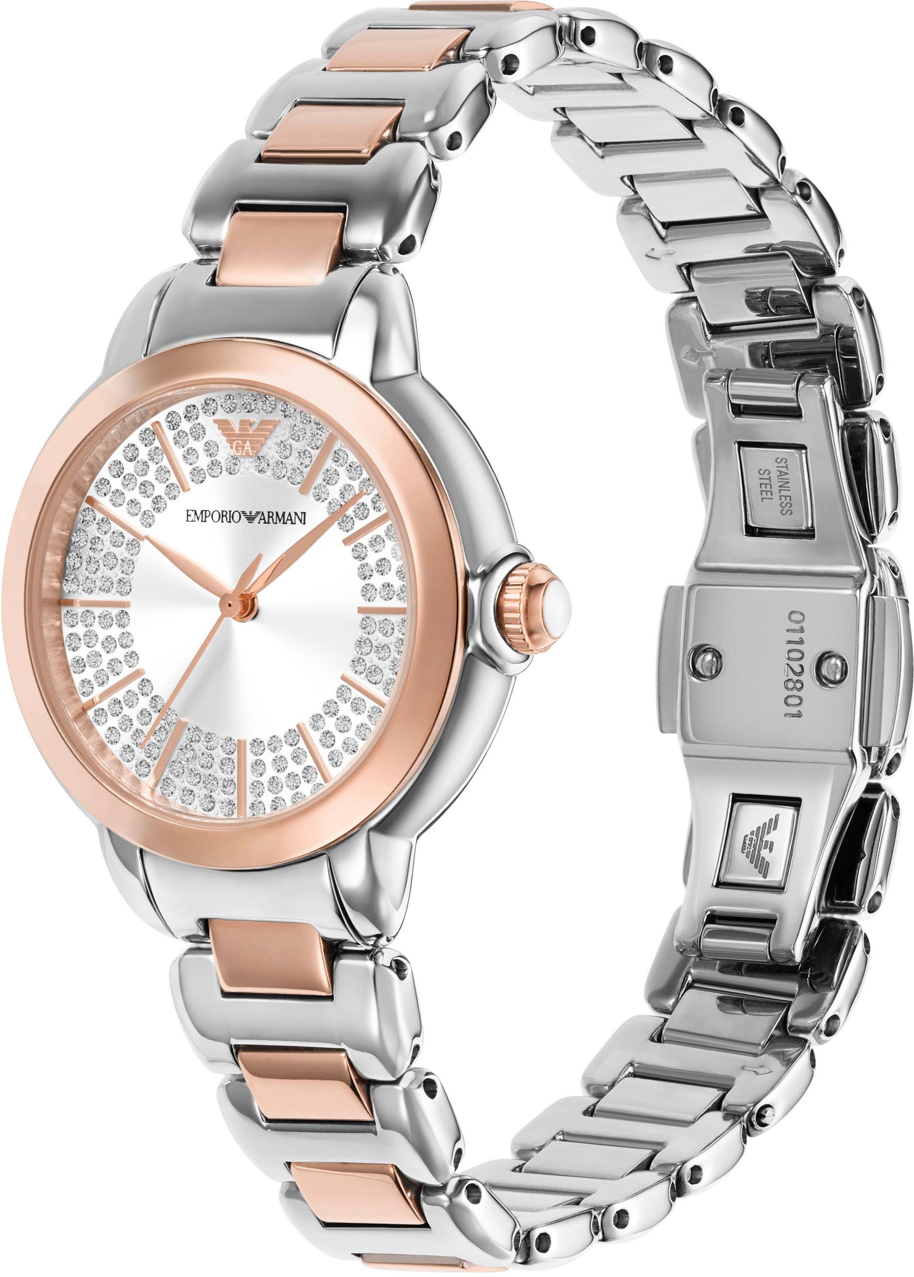Emporio Armani Quarzuhr, Armbanduhr, Damenuhr, Edelstahlarmband, analog, Glassteine
