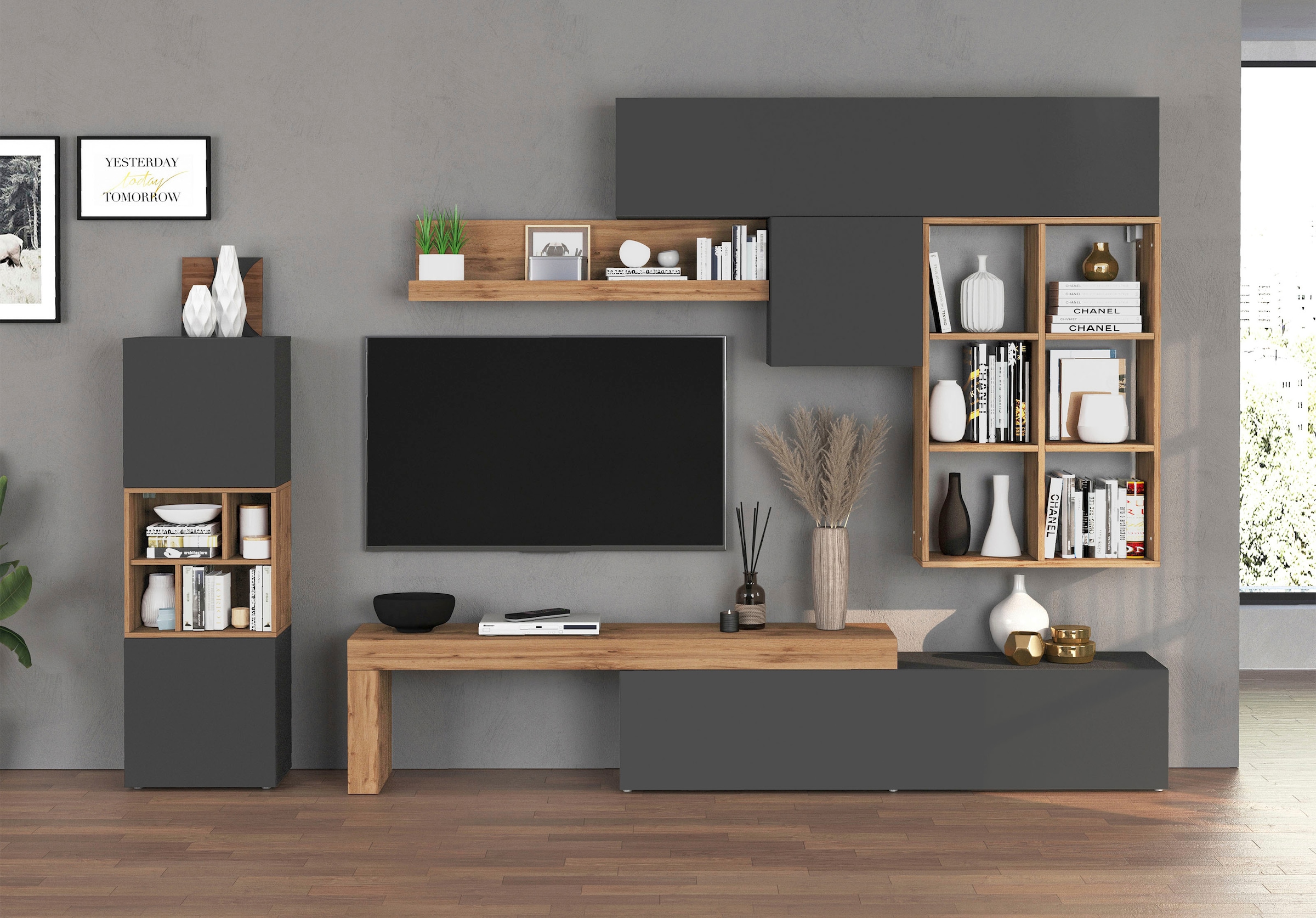 INOSIGN Wohnwand »Chronos Wohnwand, Medienwand, 8-er set«, (Set, 8 St.), ca. 320 cm mit Hängeschränke, Würfel, Regal, Lowboard, Made in Italy