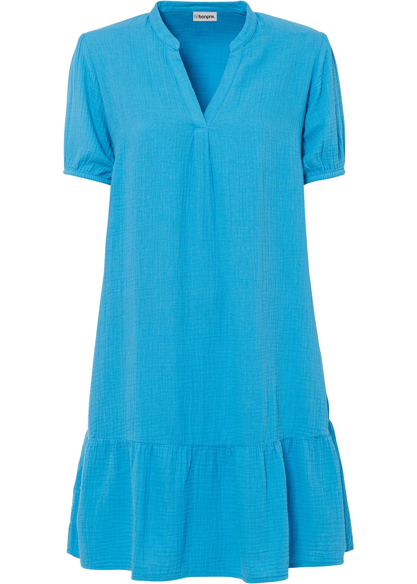 bonprix Minikleid Seitennahttaschen aus Baumwoll-Musselin, Volant, kurze Puffärmel, bequeme A-Linie