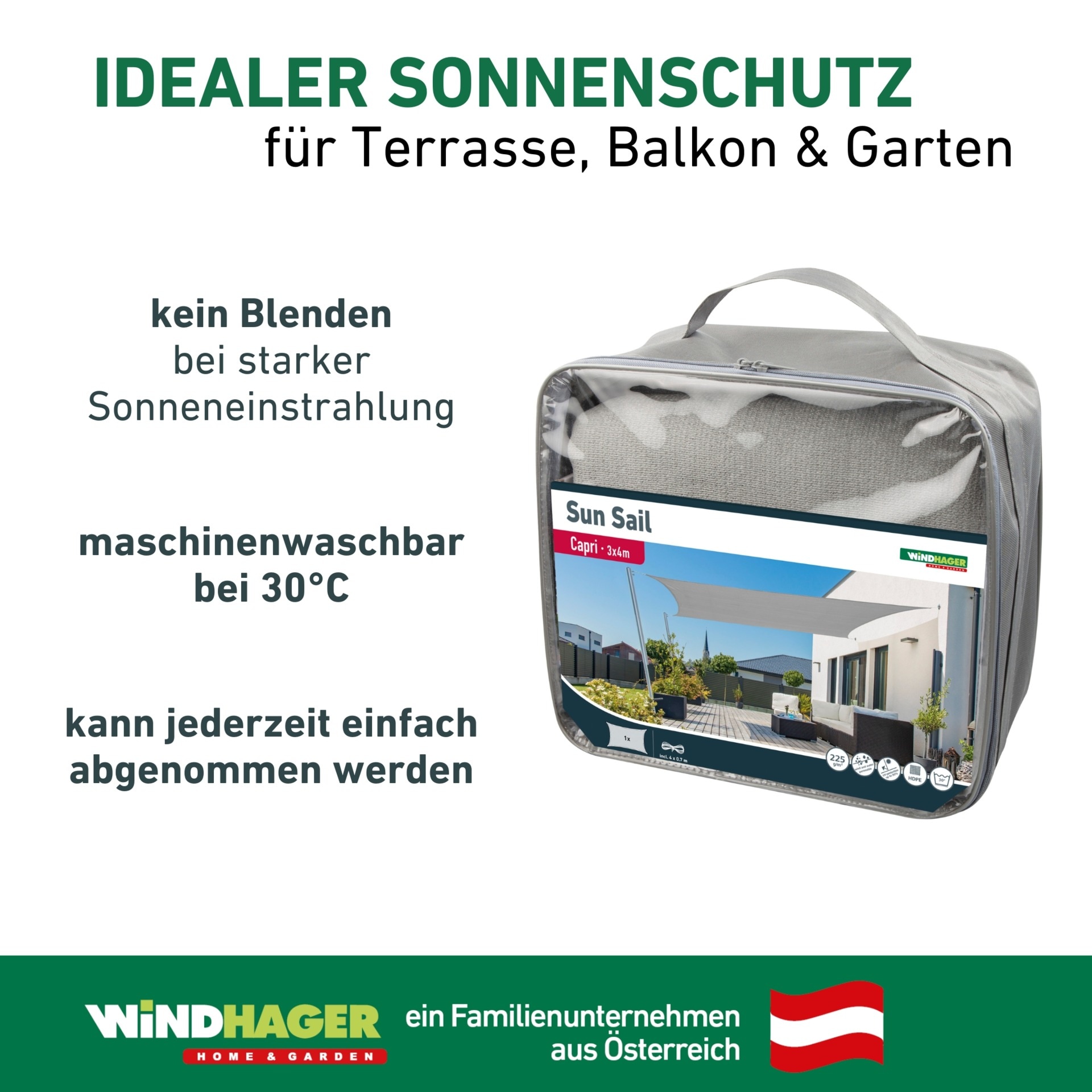 Windhager Sonnensegel »Capri, Rechteckiges Segel zur Beschattung von Garten, Terrasse, Balkon« Sonnenschutz 3 x 4 m, erhältlich in grau, champagner oder reed