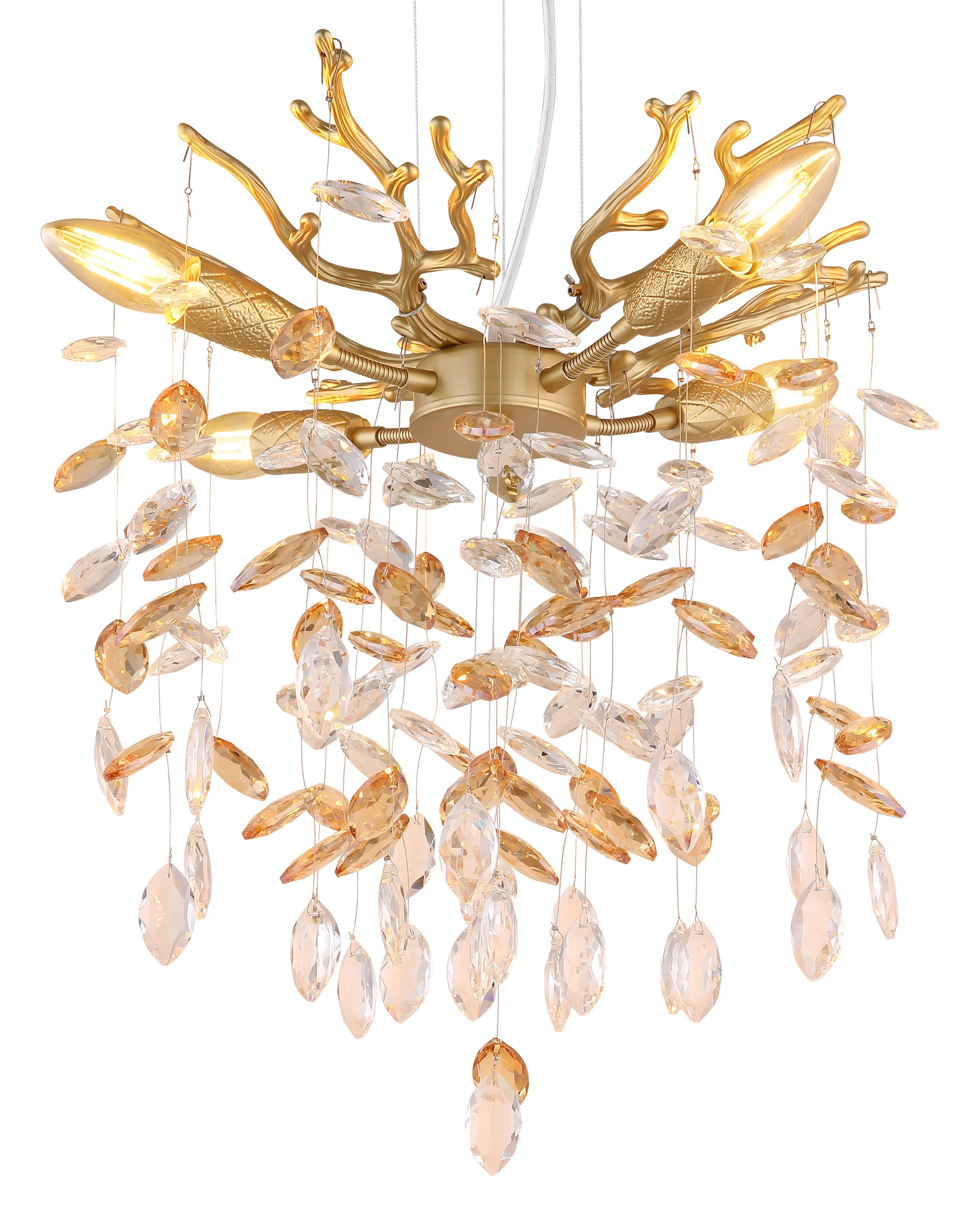 GLOBO LIGHTING Hängeleuchte »QUEENA« E14 1 Stk. Goldfarbener Luster mit Glaskristallen amber, Höhe kürzbar