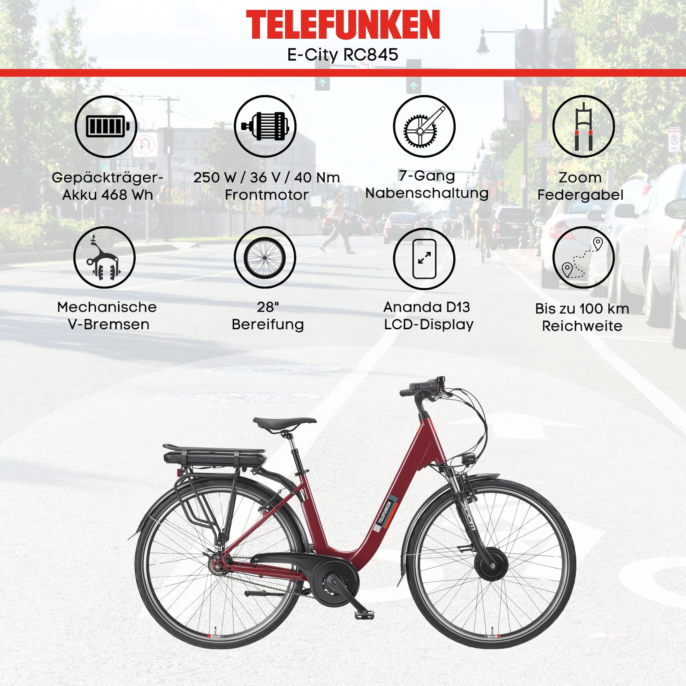 Telefunken E-Bike »Multitalent RC845«, 7 Gang, Shimano, Frontmotor 250 W, (28 Zoll, Straßenzulassung, ca. 100 km Reichweite), Pedelec, Elektrofahrrad für Herren u. Damen, tiefer Einstieg