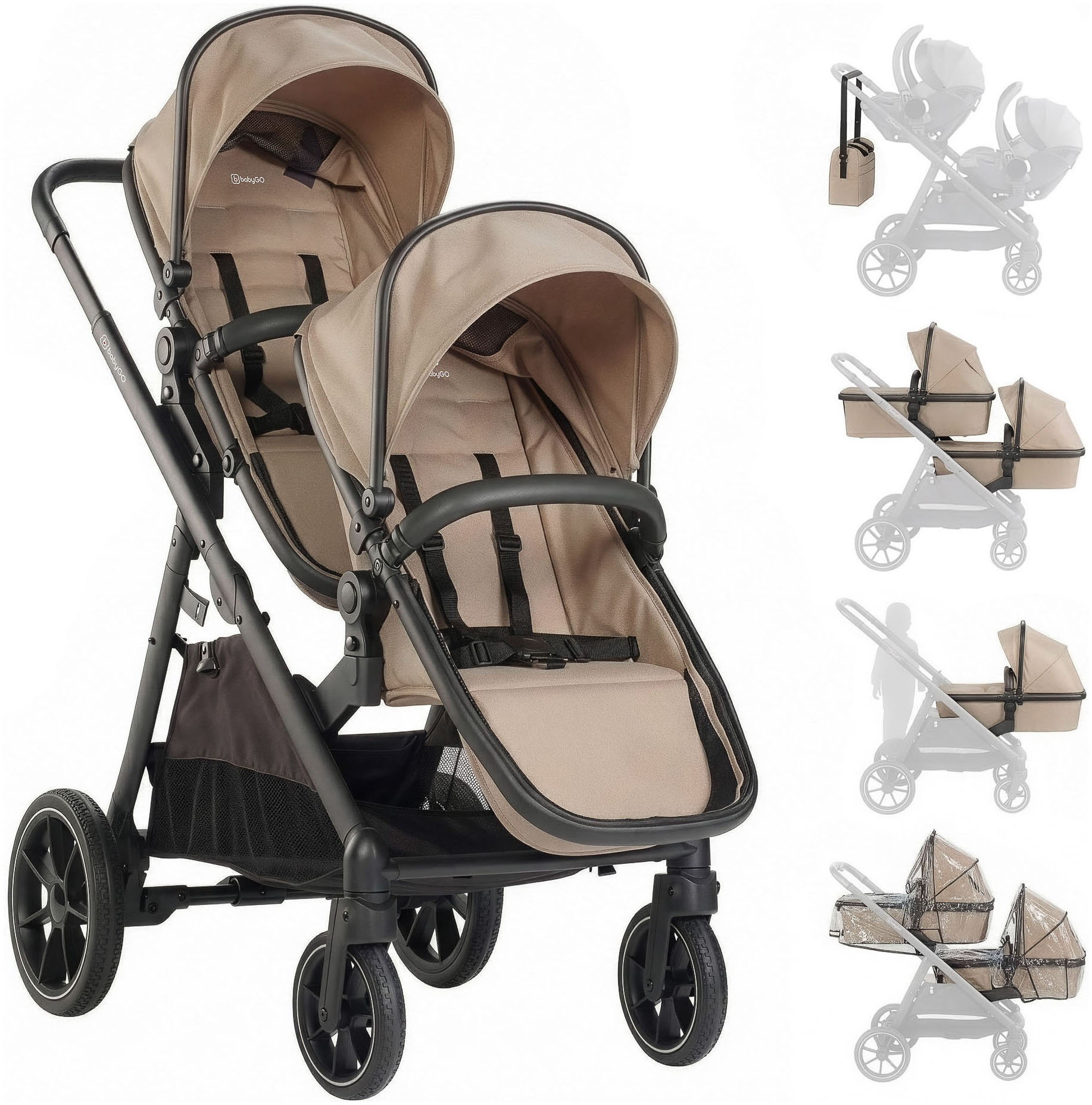 BabyGo Zwillings-Kombikinderwagen "Duo" inkl. Wickeltasche u. 2 Regenhauben