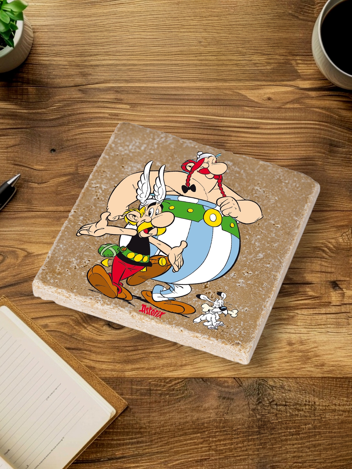 LuckyLinde Getränkeuntersetzer »Asterix und Obelix mit Idefix Fliesen Steine«, (Set, 4 tlg.), Asterix Set Topfuntersetzer Naturstein Untersetzer 10x10x1cm