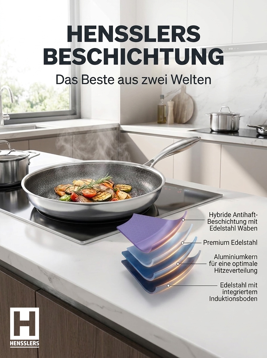 HENSSLERS Bratpfanne Edelstahl 1 tlg. 3-Schicht Material, Wabenstruktur und Antihaftbeschichtung, Induktion