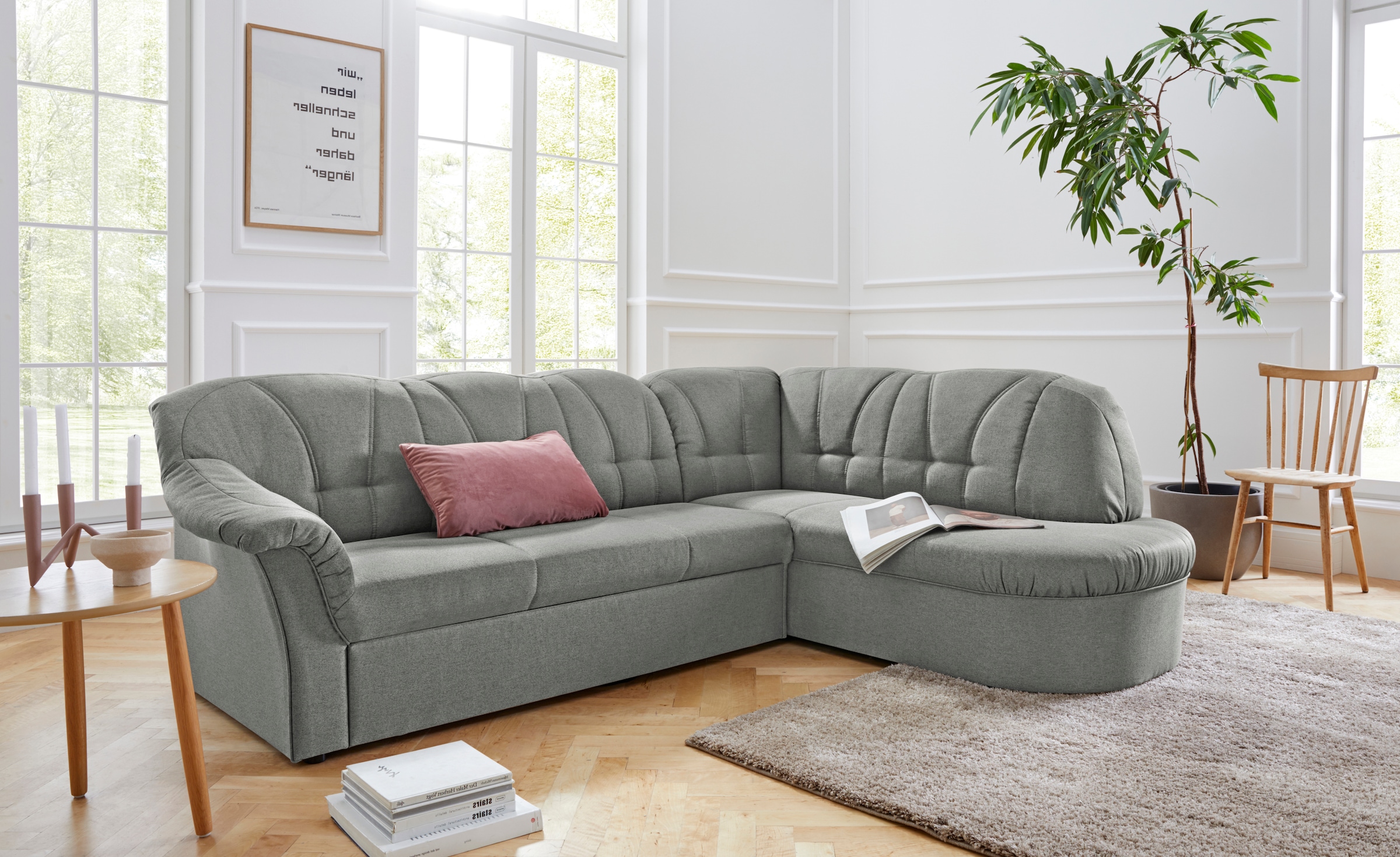 DOMO collection Ecksofa "Pegnitz, zeitlose und elegante Rückensteppung, Breite 246cm, L-Form" wahlweise mit Bettfunktion