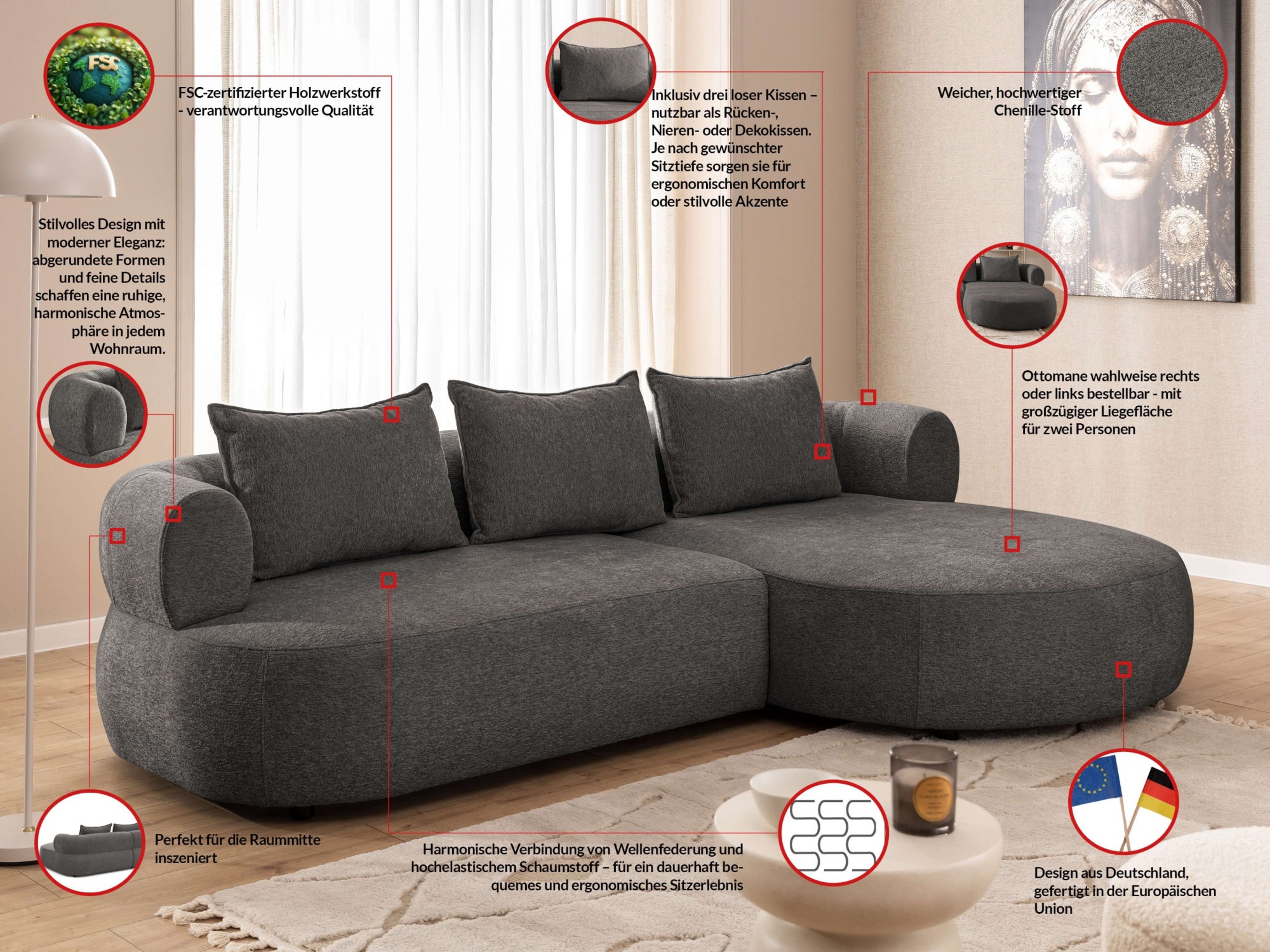 Thumbnail - Home affaire Ecksofa "LUSSAC L-Form Design-Sofa mit Zierkissen, Maße B/T/H: 257/159/78 cm" hoher Sitzkomfort und moderne...
