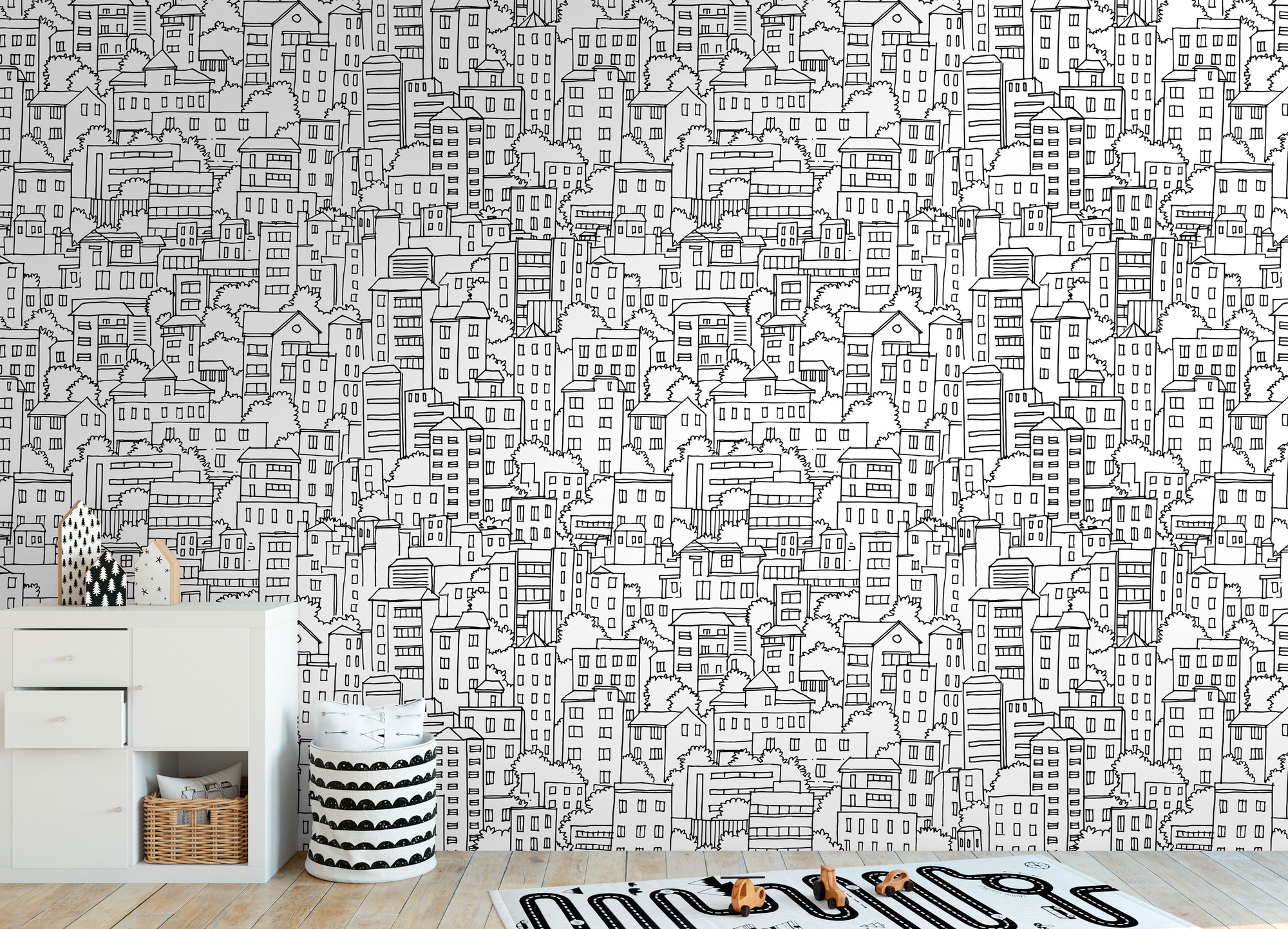 living walls Fototapete "THE WALL III Tapete mit Häusern Motivtapete Zeichnung Kunst" matt glatt Vliestapete Kinderzimmer für Schlafzimmer Küche Wohnzimmer Häuser Flur