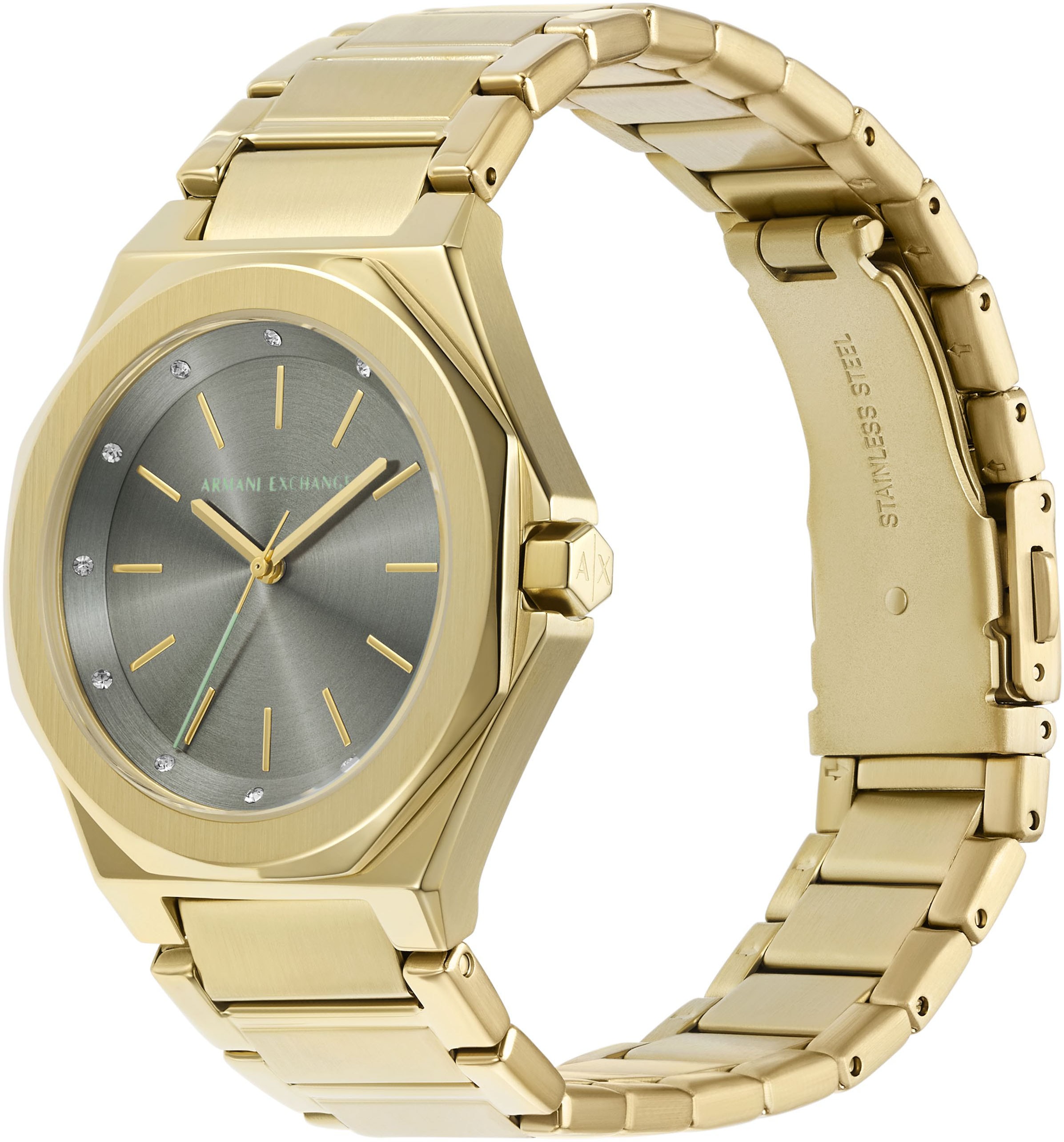 ARMANI EXCHANGE Quarzuhr, Armbanduhr, Damenuhr, Edelstahlarmband, analog, Glassteine