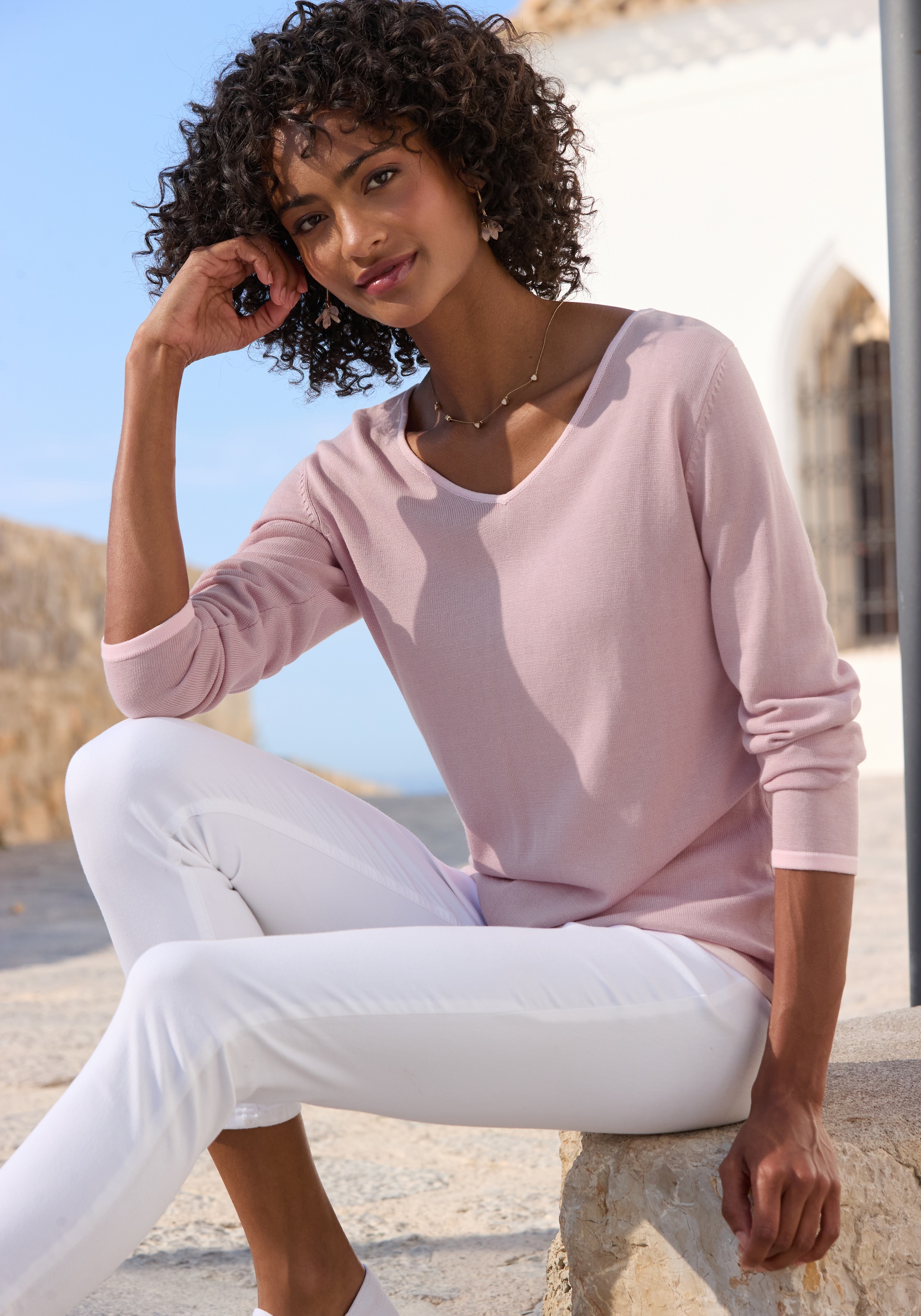 Vivance V-Ausschnitt-Pullover mit Kontrastkanten, Basic-Pullover aus weichem Feinstrick, casual