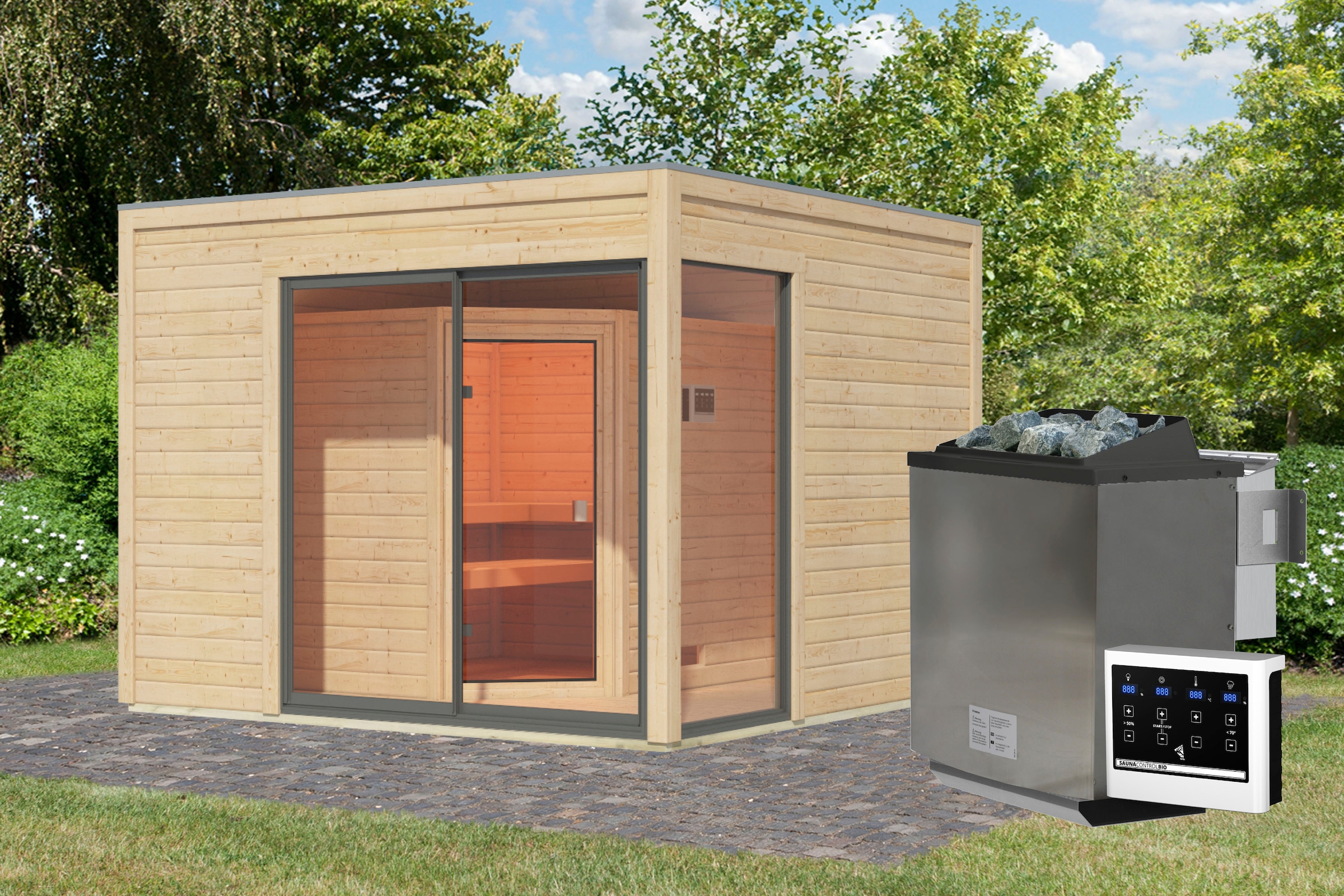 Karibu Saunahaus »Tammo 1B«, Ofen 9 kW Bio ext. Strg.