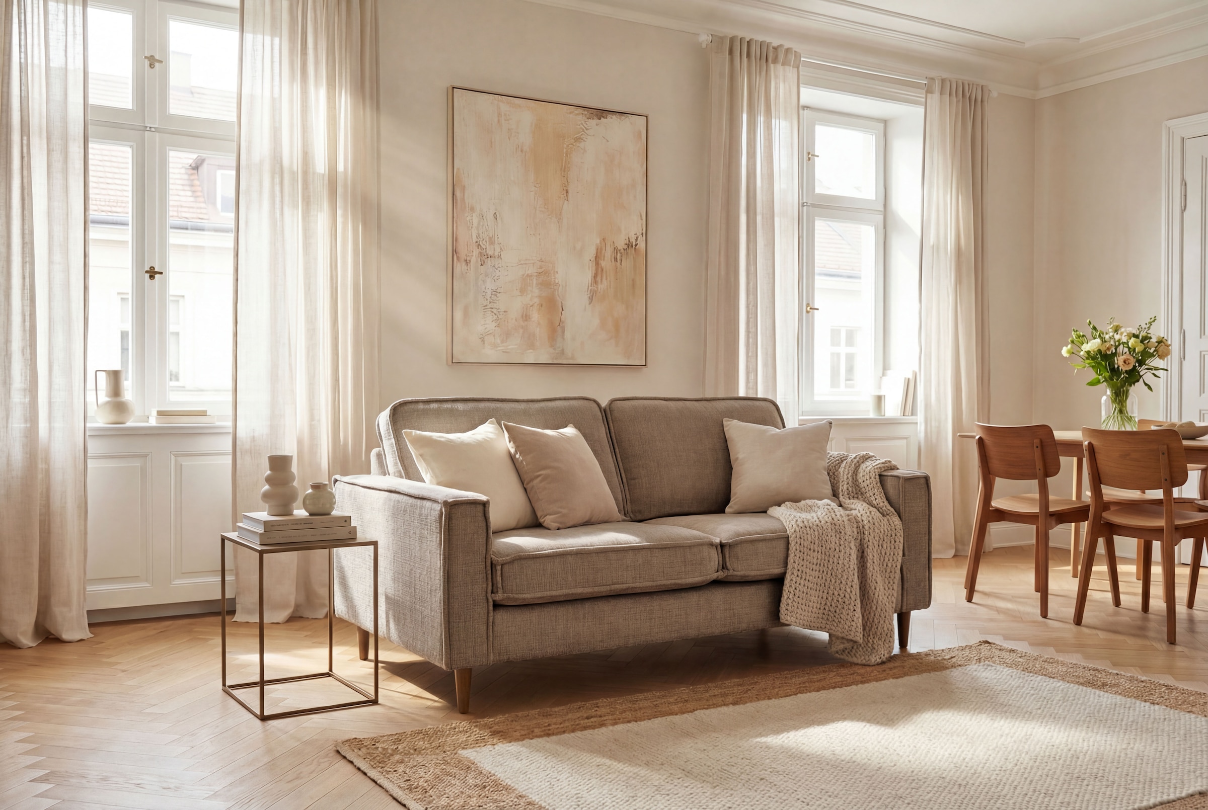 OTTO home 2-Sitzer "Pinto Skandi, 166 cm, Chenille, Struktur" mit Keder, Massivholzfüße Eiche geräuchert, Wellenunterfederung