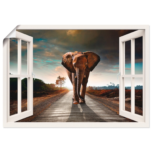 Artland Wandbild »Elefant auf Straße«, Fensterblick, (1 St.), als  Leinwandbild, Wandaufkleber oder Poster in versch. Größen kaufen | BAUR