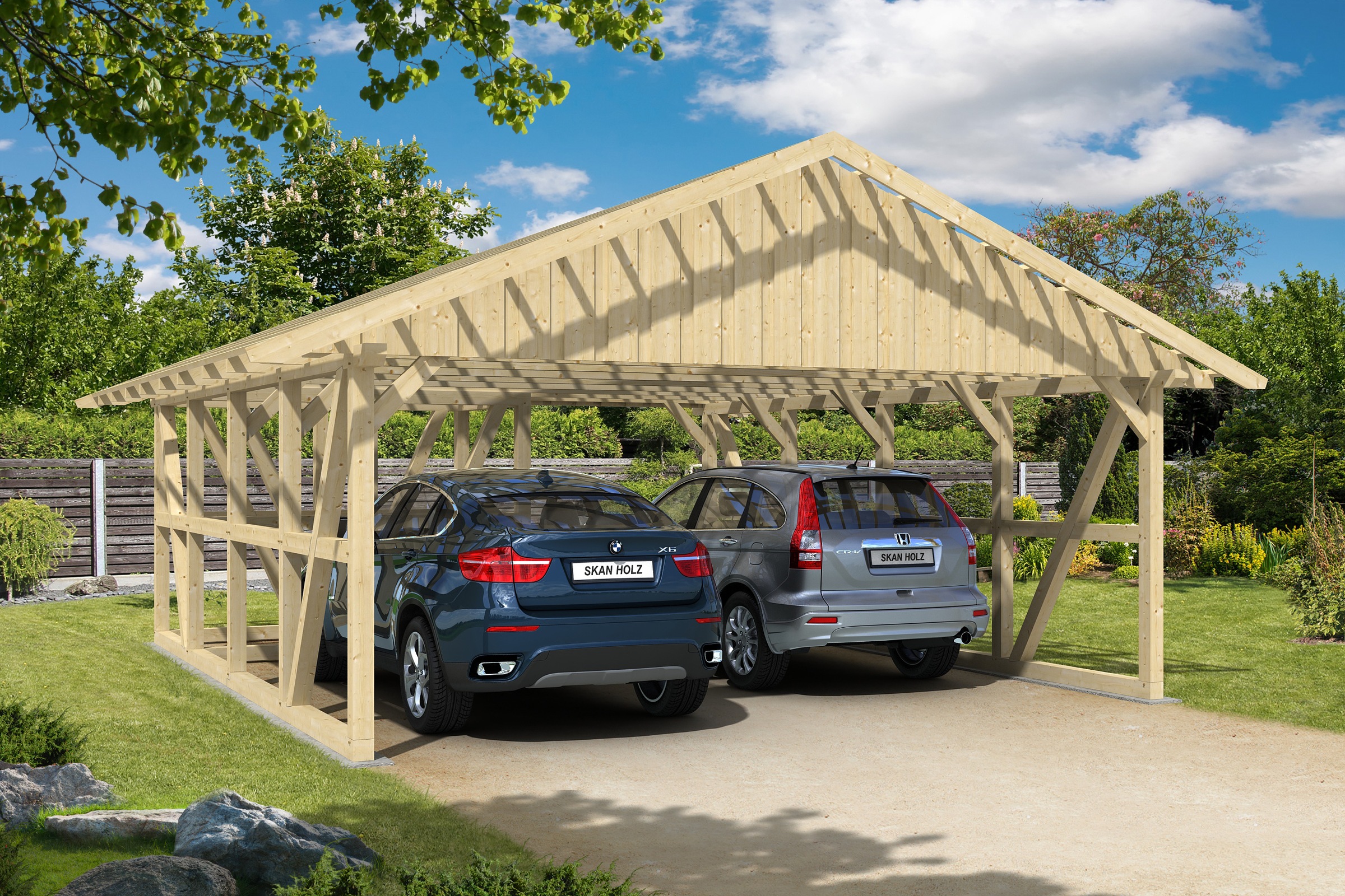 Skanholz Doppelcarport »Schwarzwald«, KVH-Fichte, 560 cm, Natur, mit Abstellraum 1, mit Dachlattung