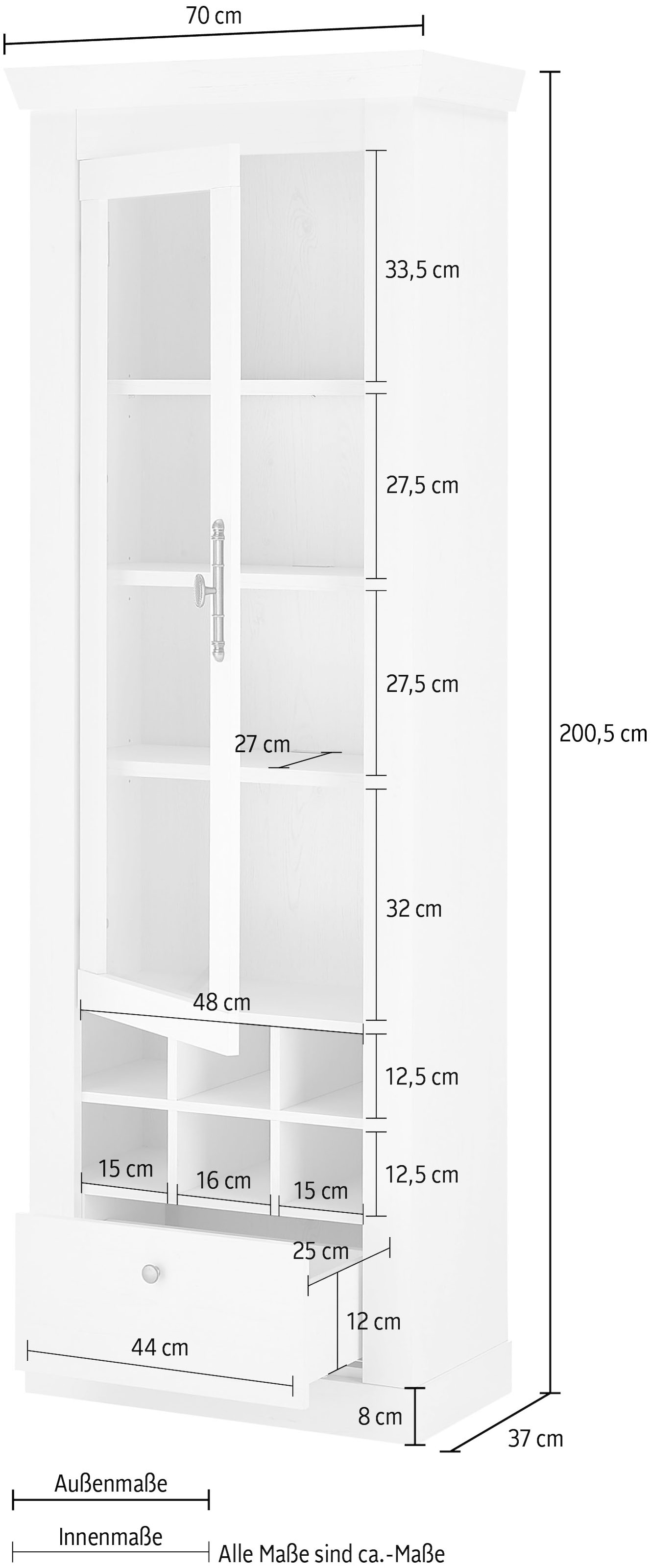 Home affaire Vitrine »RAVENNA«, im romantischen Landhausstil, Griffe aus Metall, Höhe 200 cm