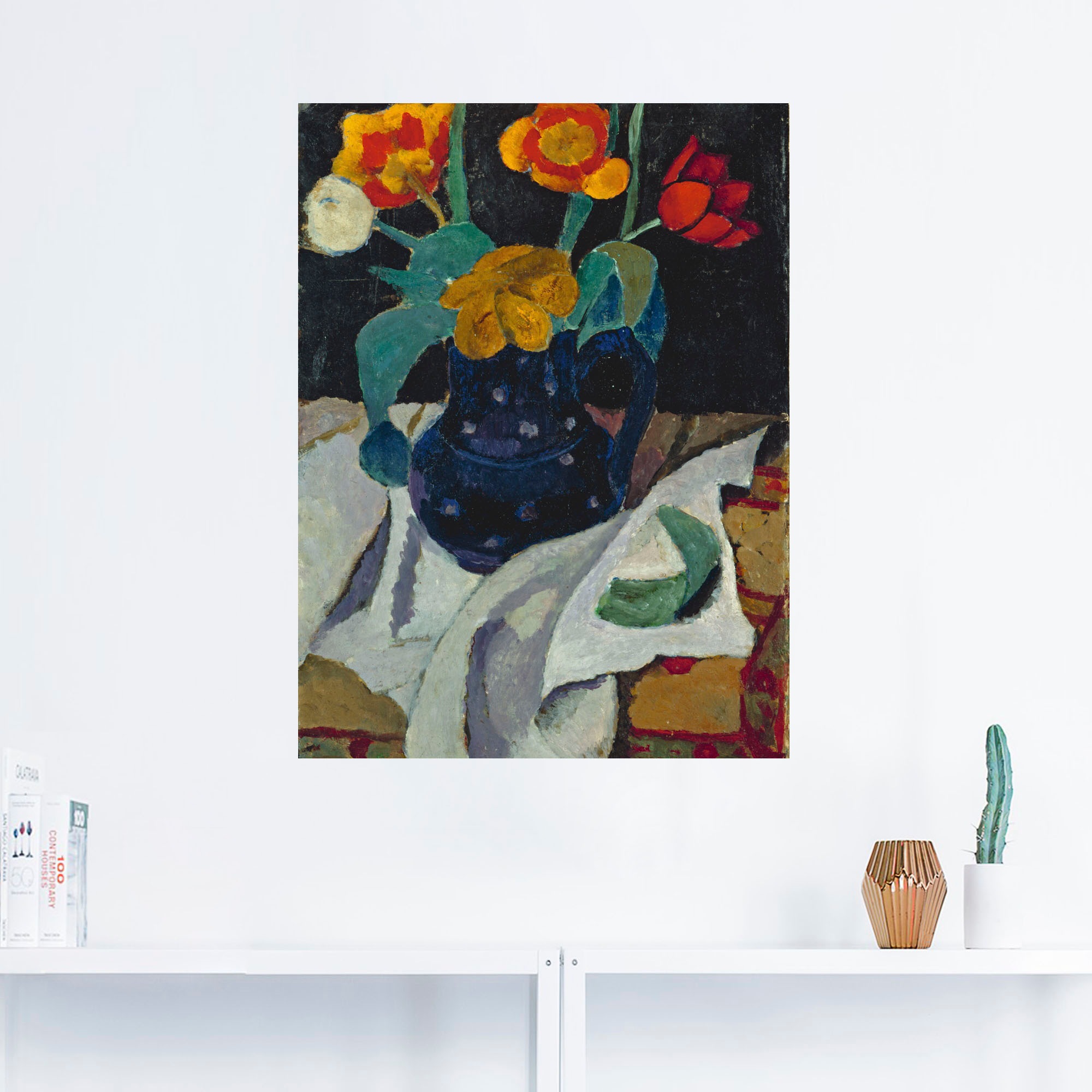 Artland Wandbild »Stillleben mit Tulpen in blauem Topf«, Arrangements, (1 St.), als Leinwandbild, Wandaufkleber oder Poster in versch. Größen