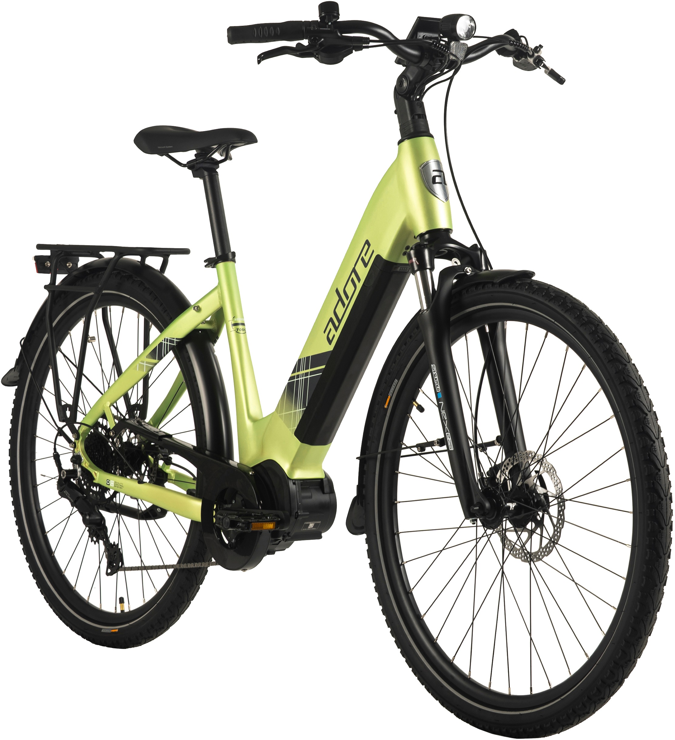 Adore E-Bike »28" Alu Cityfahrrad CX-380 Mittelmotor 85NM / 15Ah Lime Green matt«, 9 Gang, Shimano, Cues, Mittelmotor 250 W