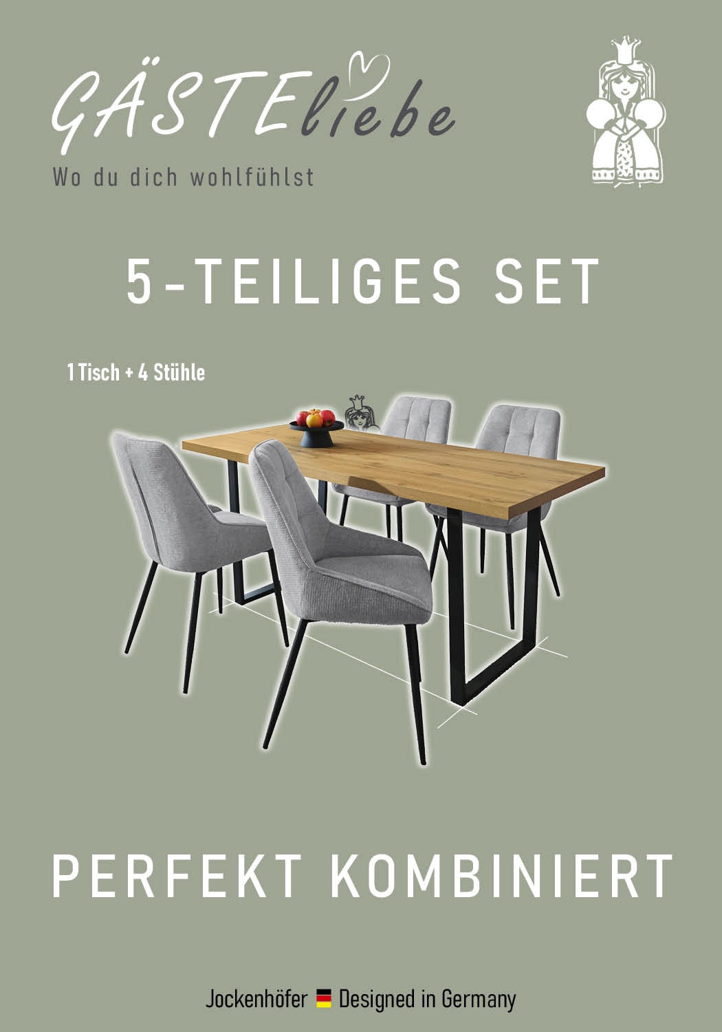 Jockenhöfer Gruppe Essgruppe »ROGER, Sitzgruppe, Esstisch 160 cm, 4 Stühle« Set, Esstisch 160 cm plus 4 Esszimmerstühle, 5 Stk. tlg. Tischplatte Wildeiche, U-Gestell, Stühle mit Webstoff