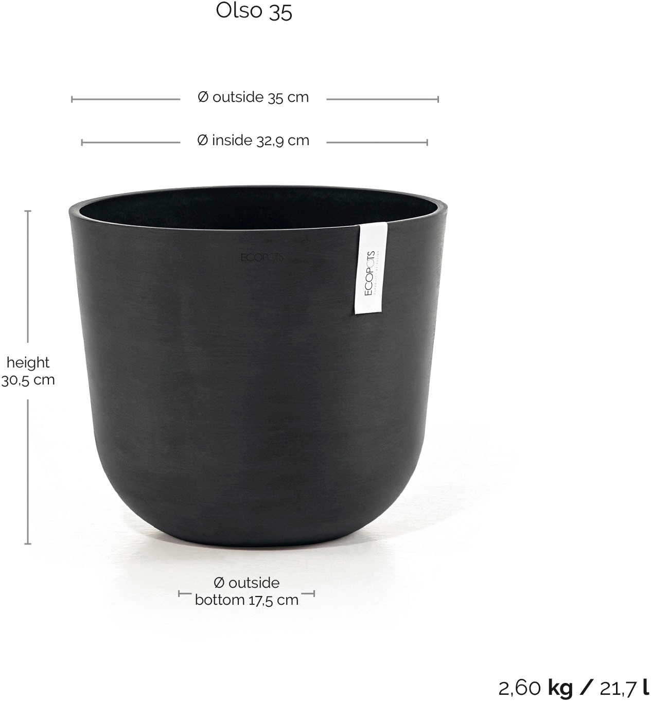ECOPOTS Blumentopf »Oslo 35 Dunkelgrau« für innen und außen: frostsicher, bruchsicher und lichtbeständig
