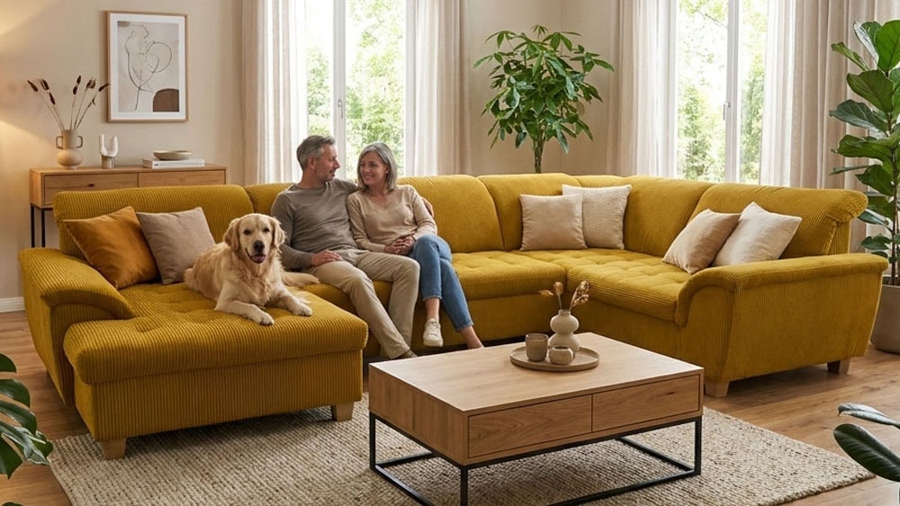 OTTO home Wohnlandschaft "Eggery 352 x 214 cm, auch mit Schlaffunktion & Bettkasten, Holzfüße" Kopfteile verstellbar, U-Form, aus Pet Friendly Cord
