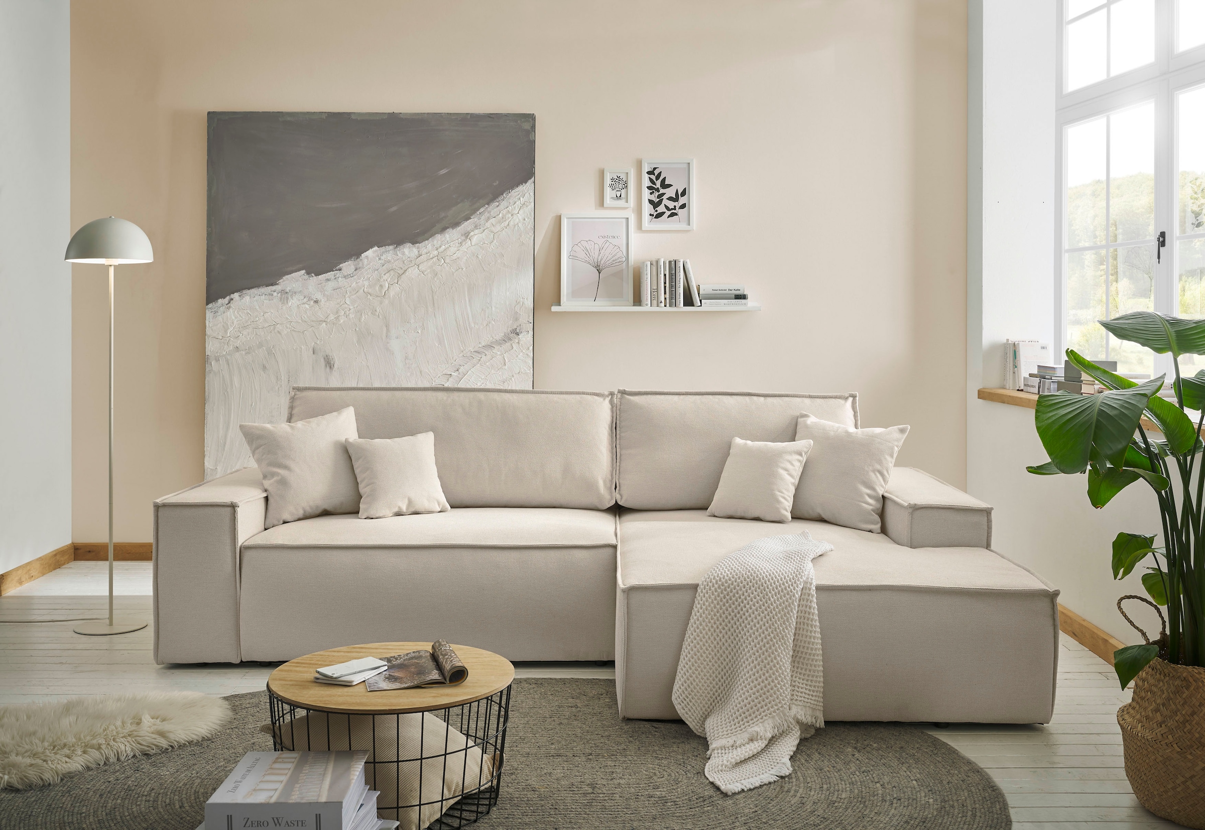 andas Ecksofa »Finnley Schlafsofa 267 cm in Bouclé, Struktur fein u. Cord, L-Form,«, Schlaffunktion m. Bettkasten (136/210 cm), Bouclé, Struktur und Cord