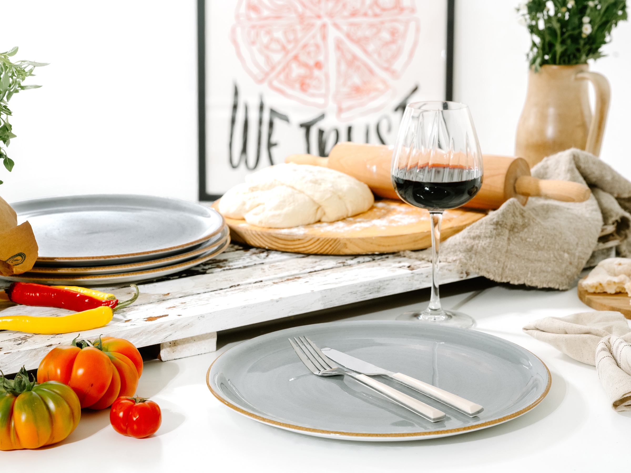 CreaTable Pizzateller »Vintage Nature, Pizzateller 33 cm 4-tlg«, (Set, 4 St.), Handgemalt, Gesprenkelt, Rustikales Außenband